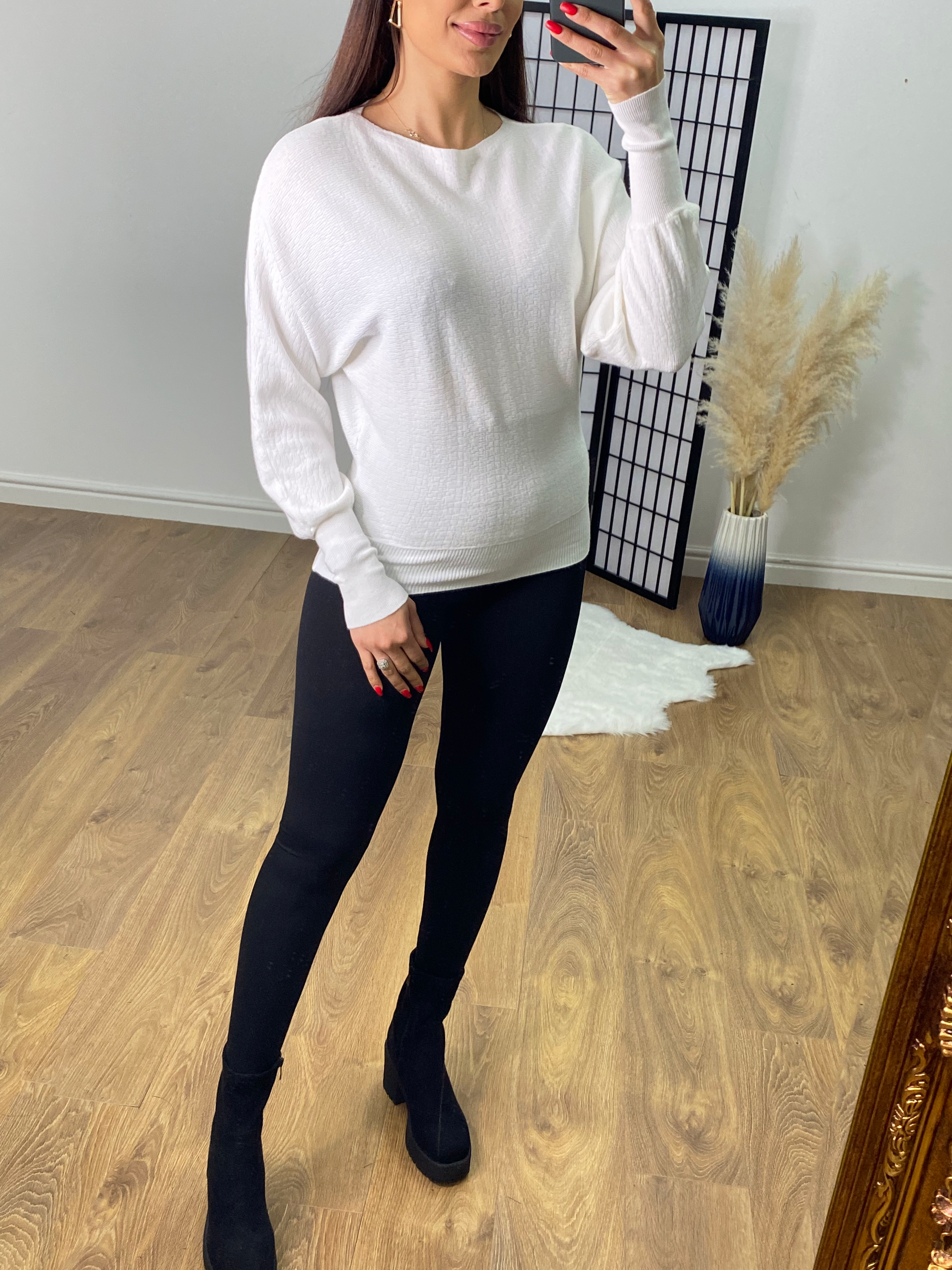 Braelyn White Slash Neck Drop Sleeve Soft Knit Jumper