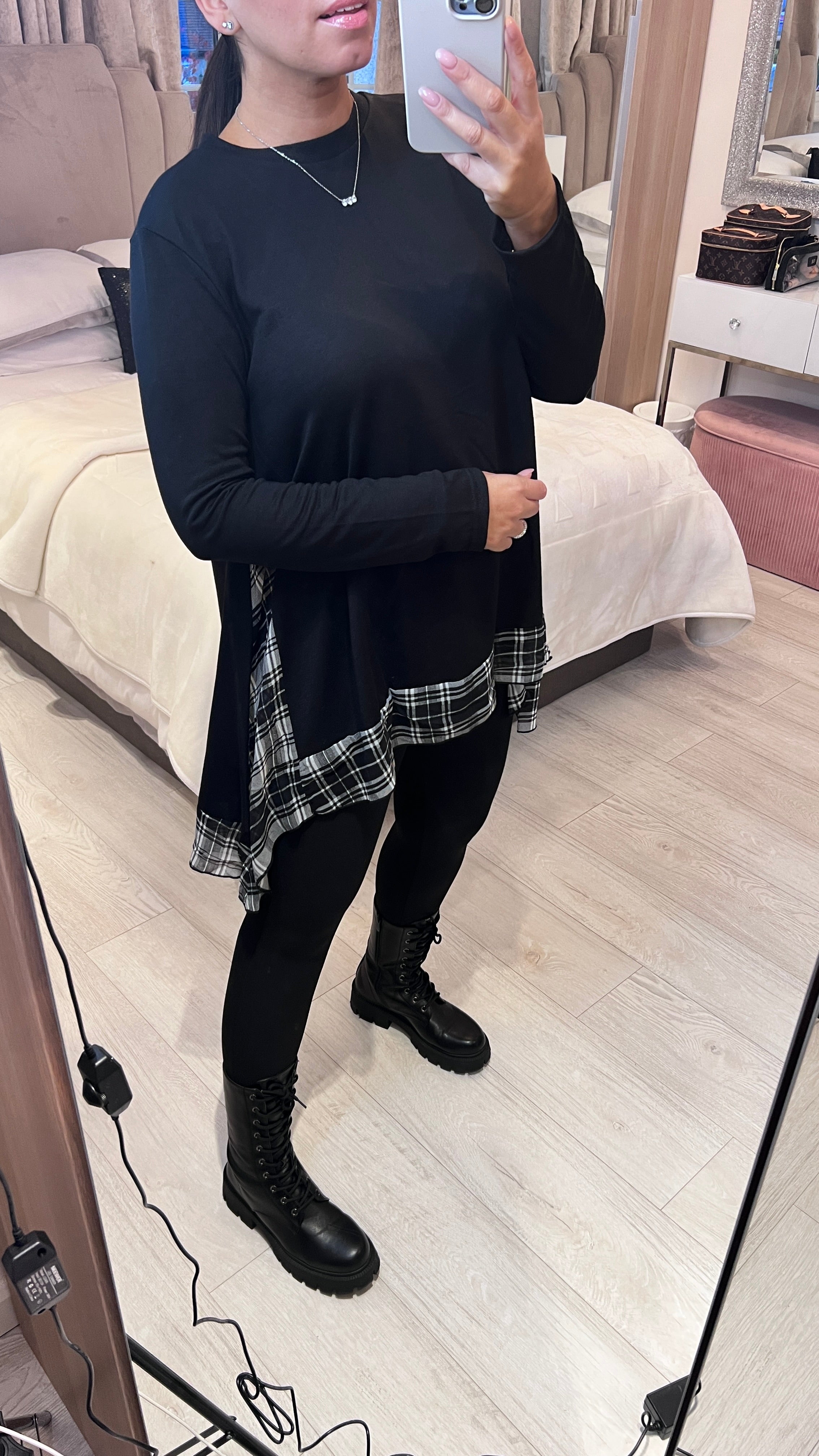 Romilly Tartan Print Chiffion Back Detailed Dip Hem Top