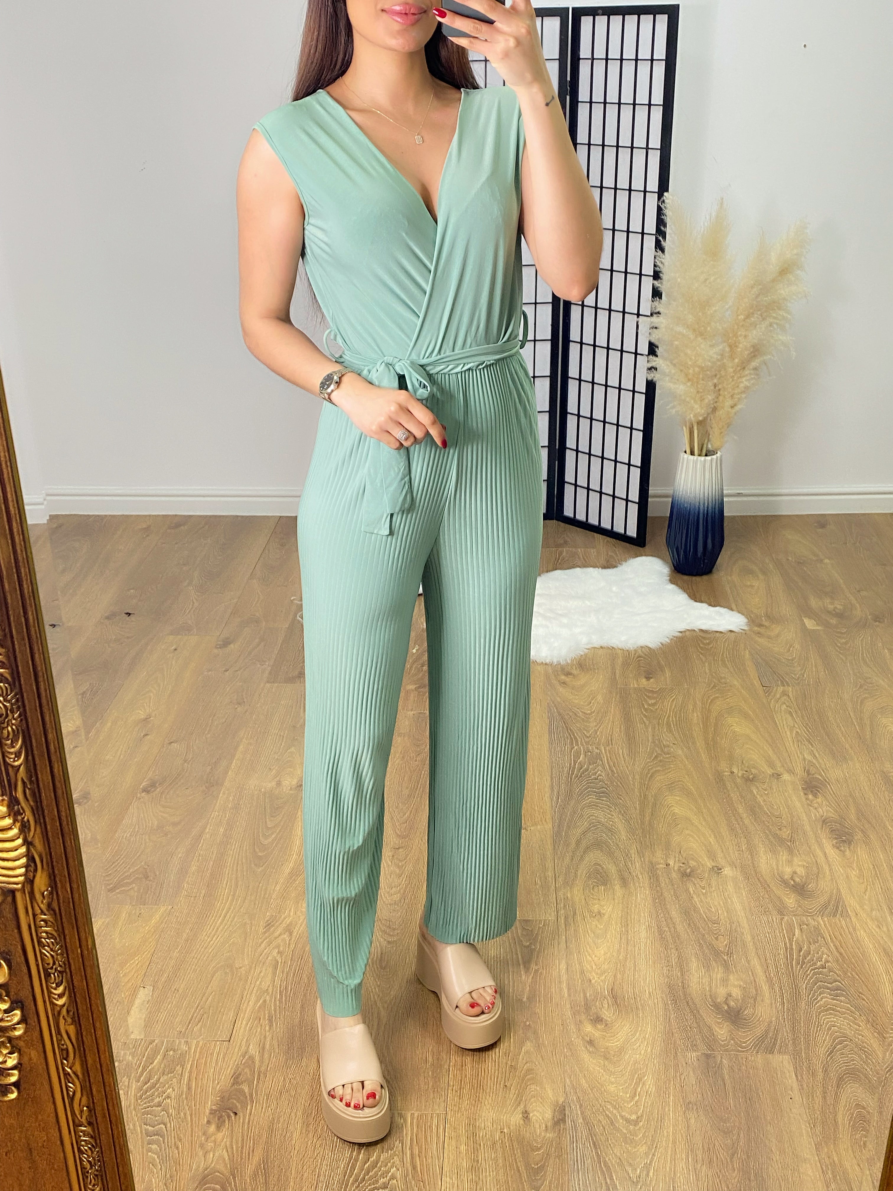 Calli Pleated V Neck Jumpsuit