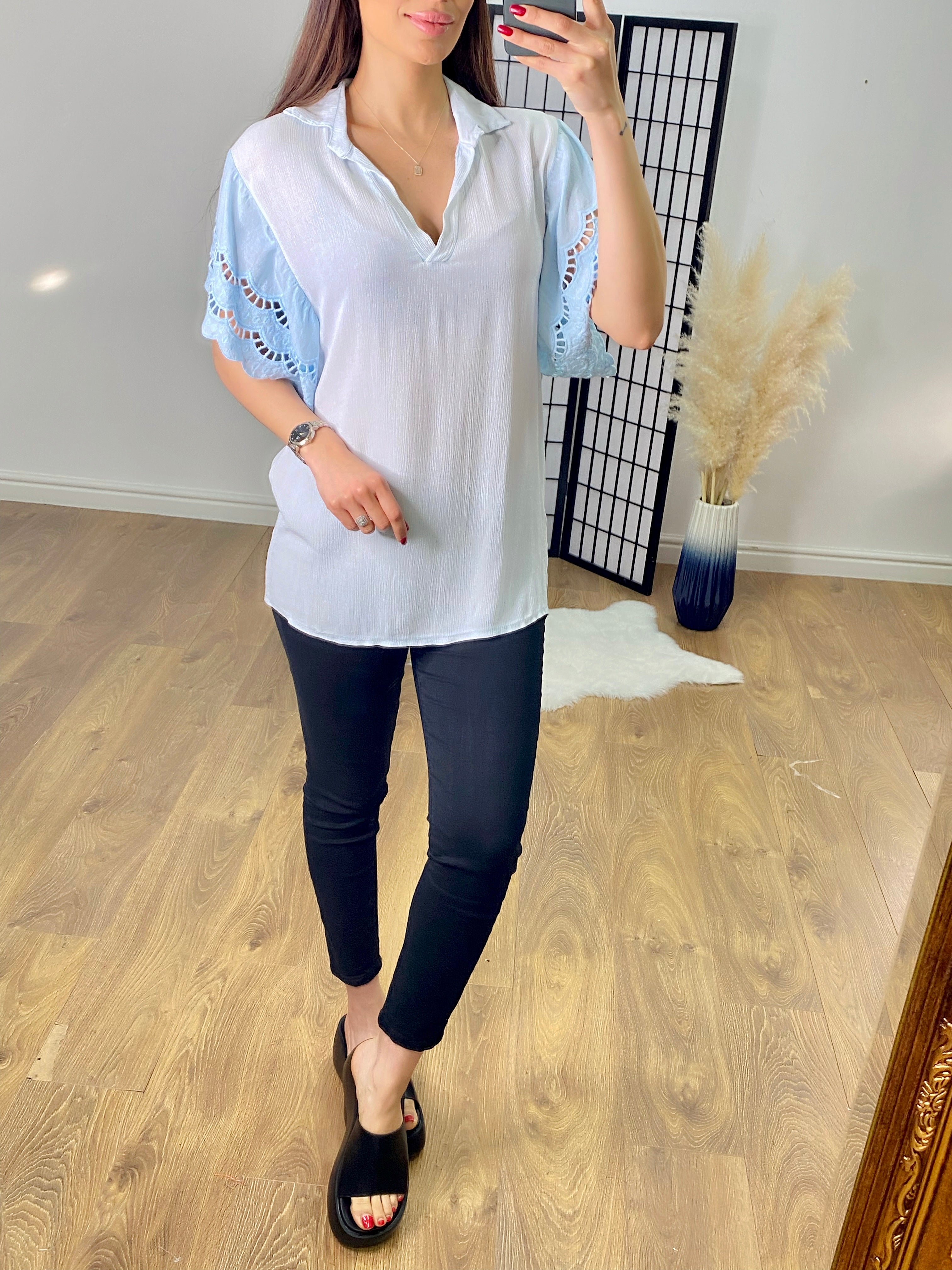 Windsor V Neck Collar Crochet Sleeve Top