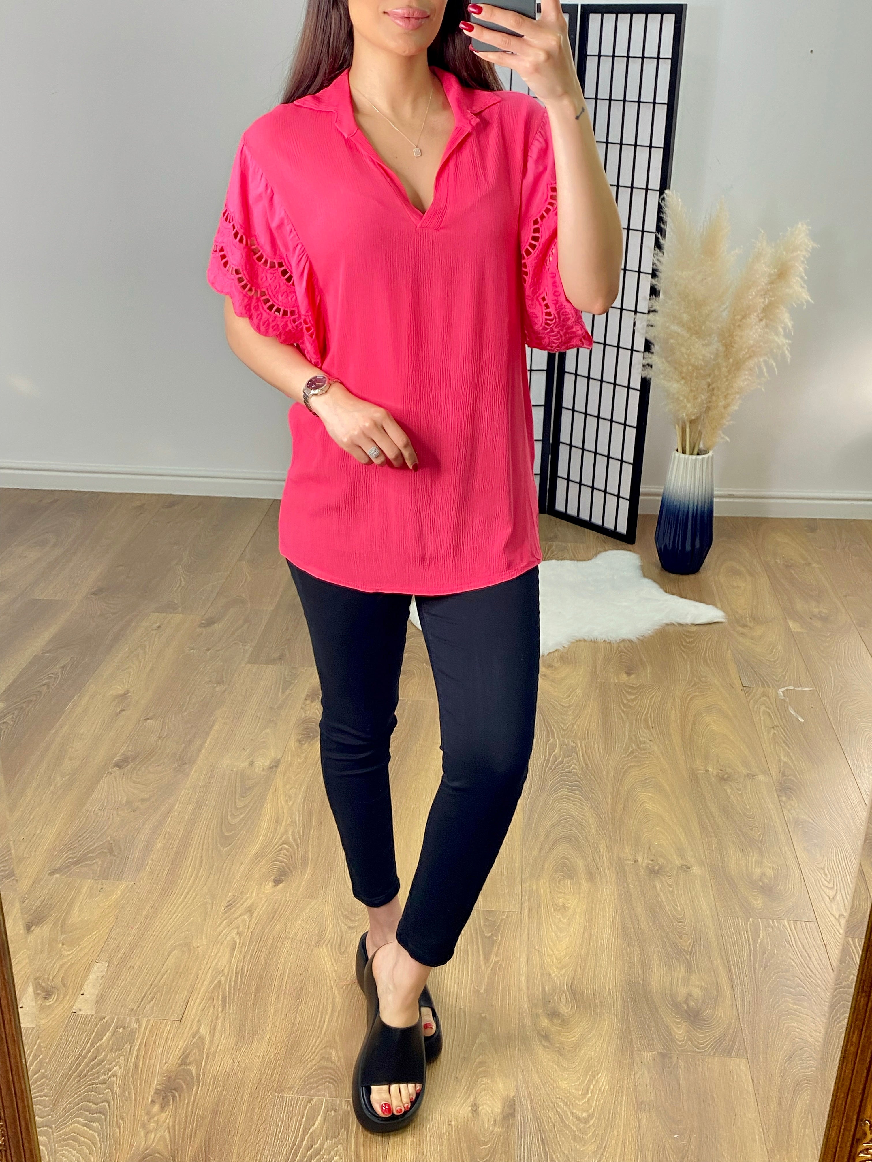 Windsor V Neck Collar Crochet Sleeve Top