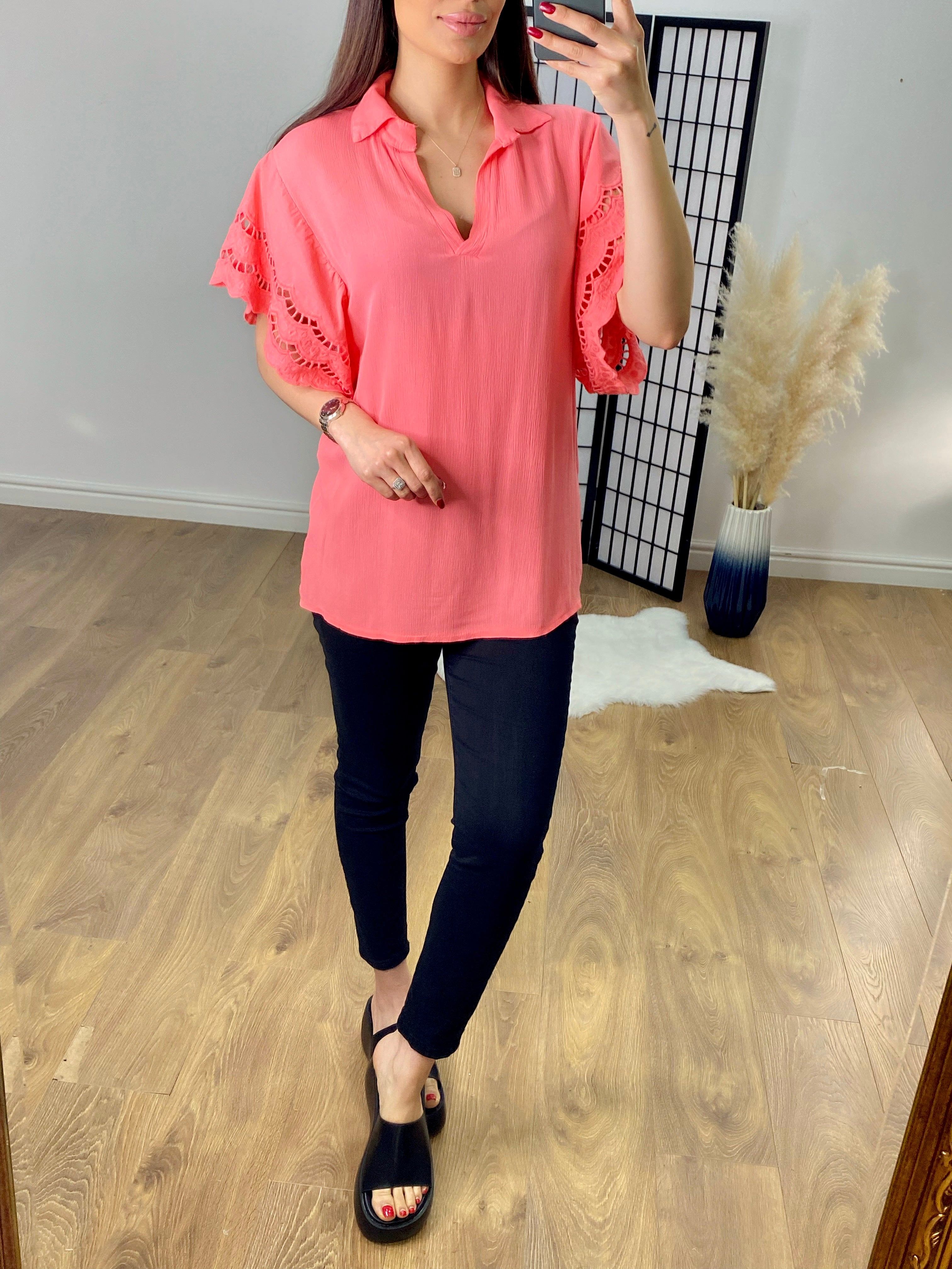 Windsor V Neck Collar Crochet Sleeve Top