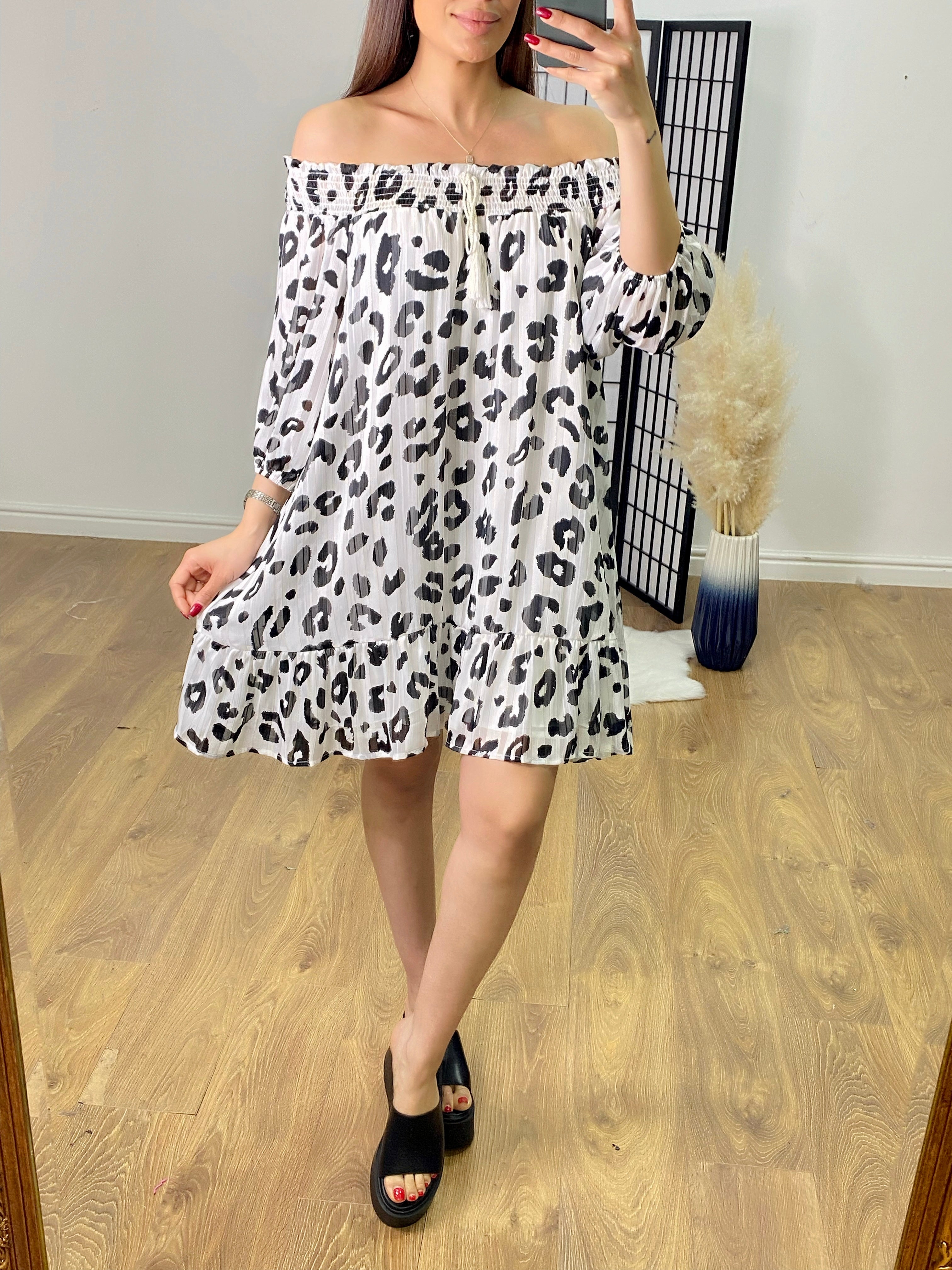 Sharlot Lurex Leopard Print Bardot Dress