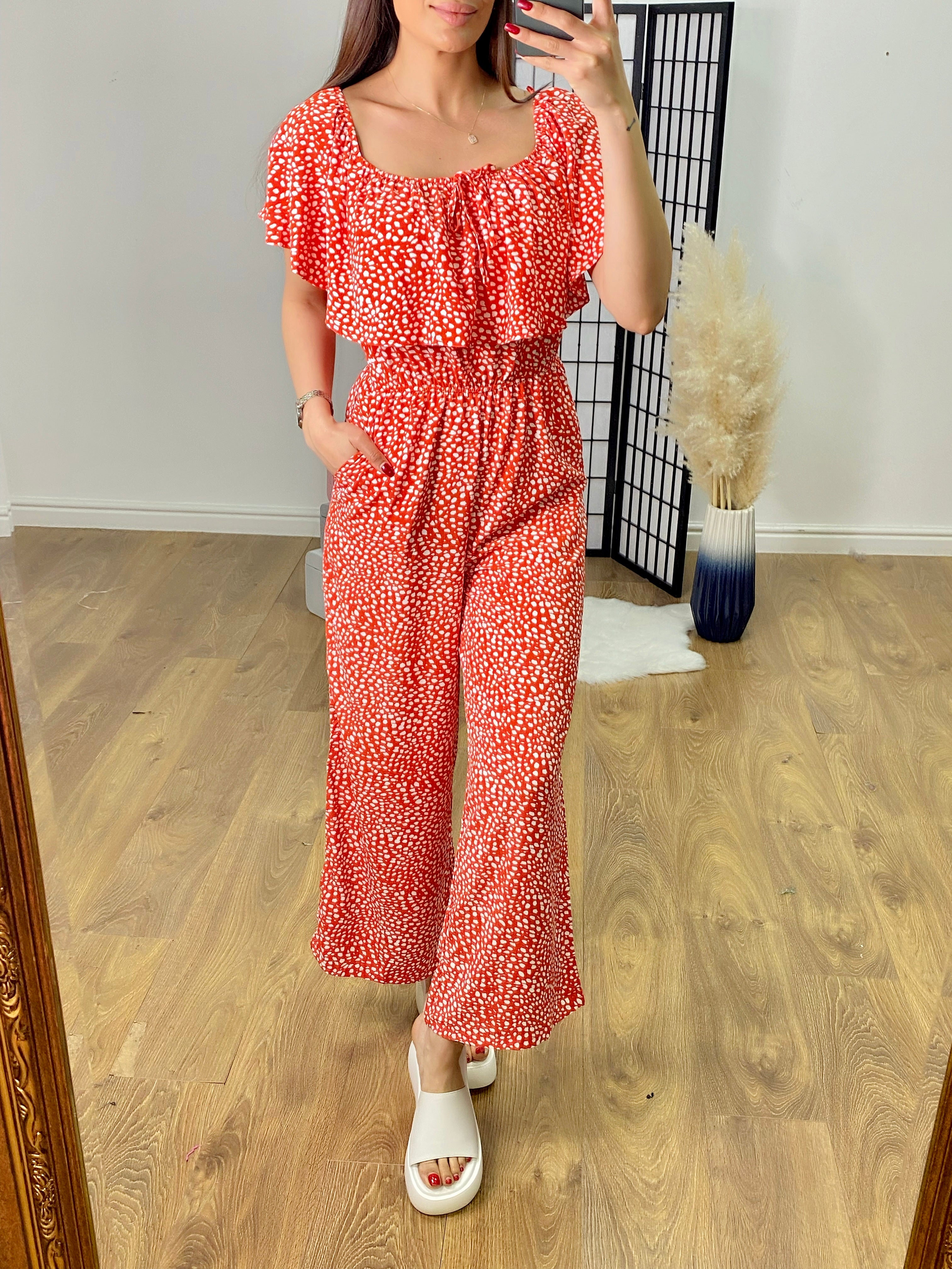 Hendrix Pebble Print Frill Bardot Jumpsuit
