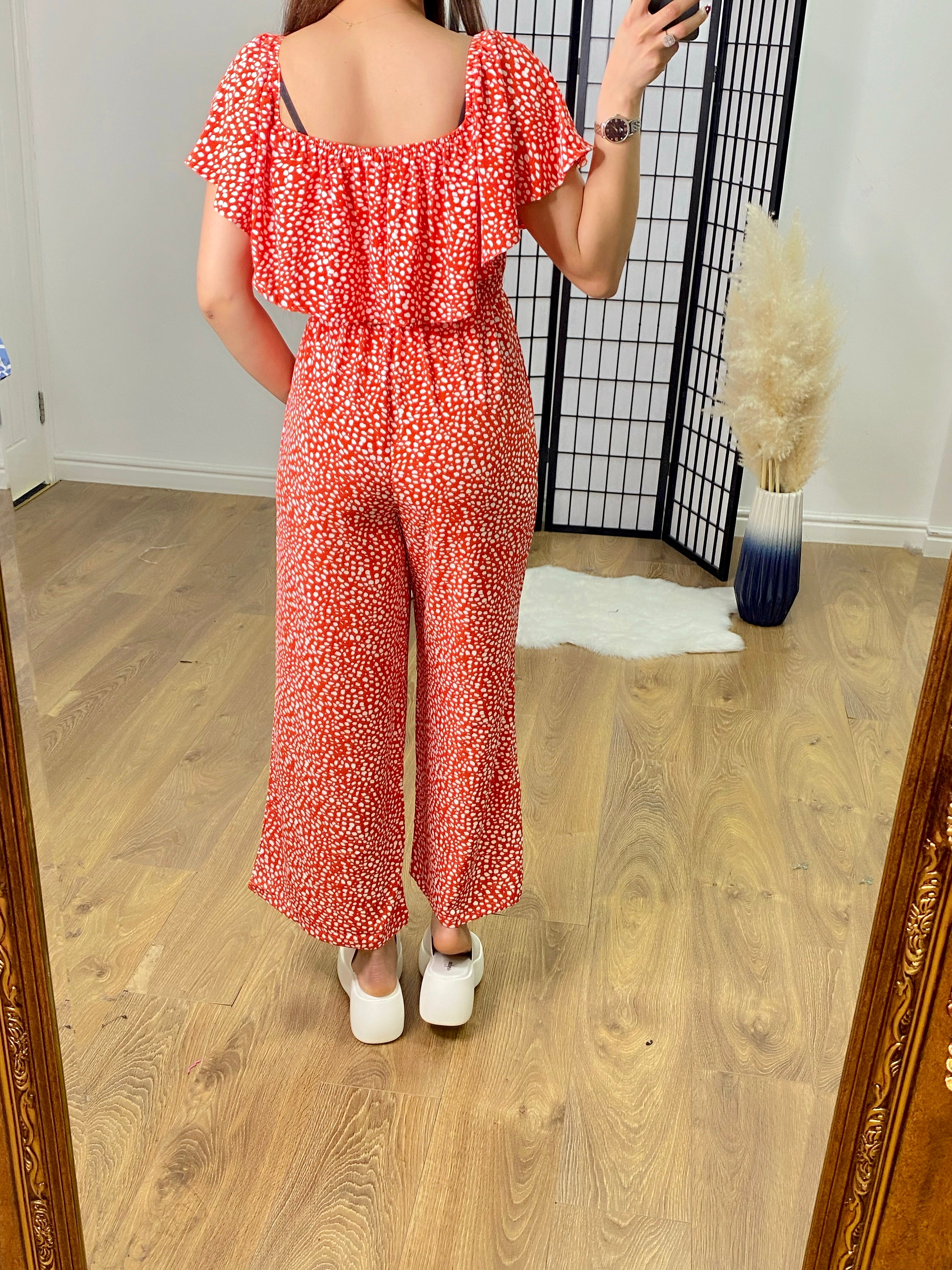 Hendrix Pebble Print Frill Bardot Jumpsuit