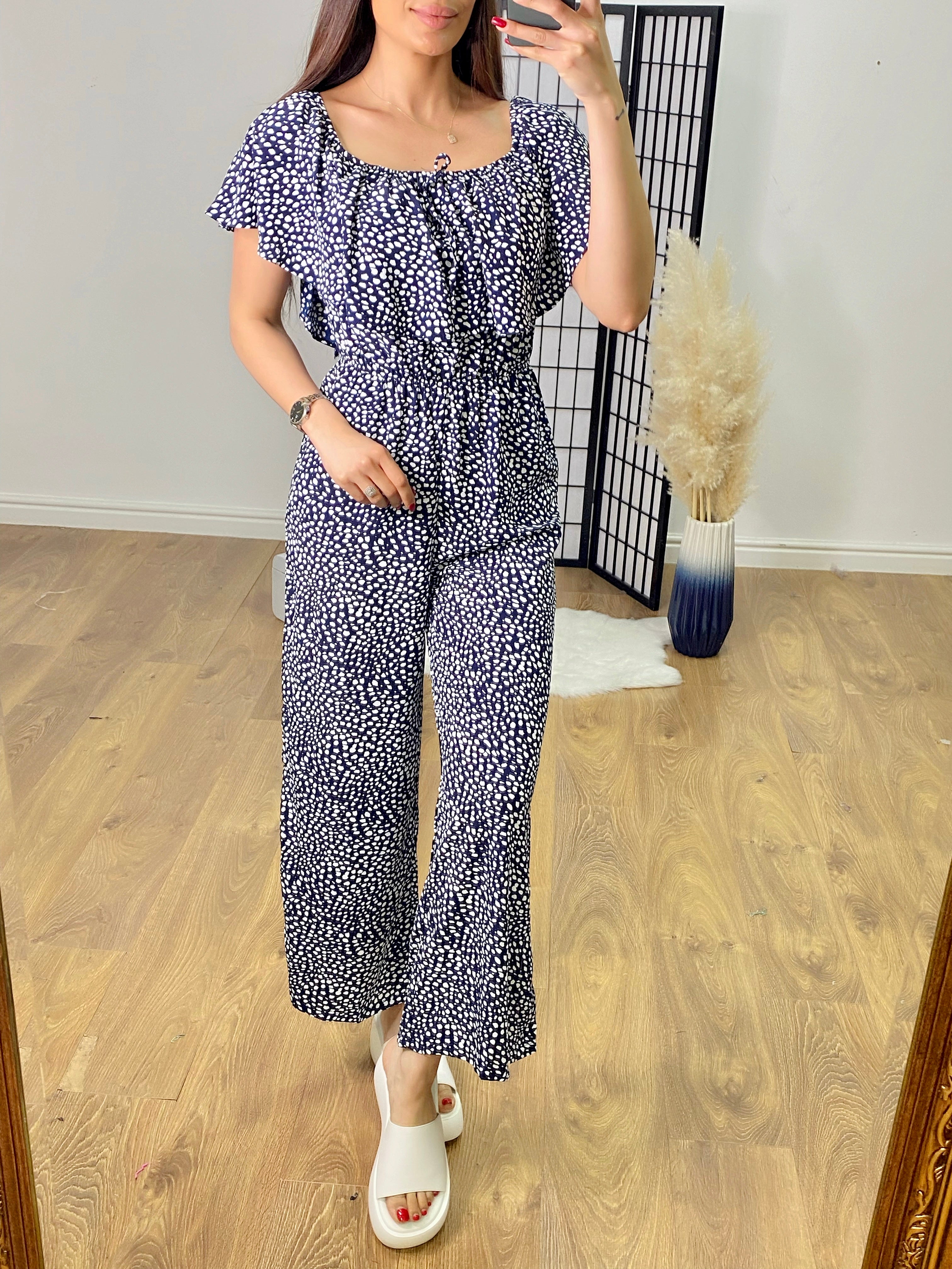 Hendrix Pebble Print Frill Bardot Jumpsuit