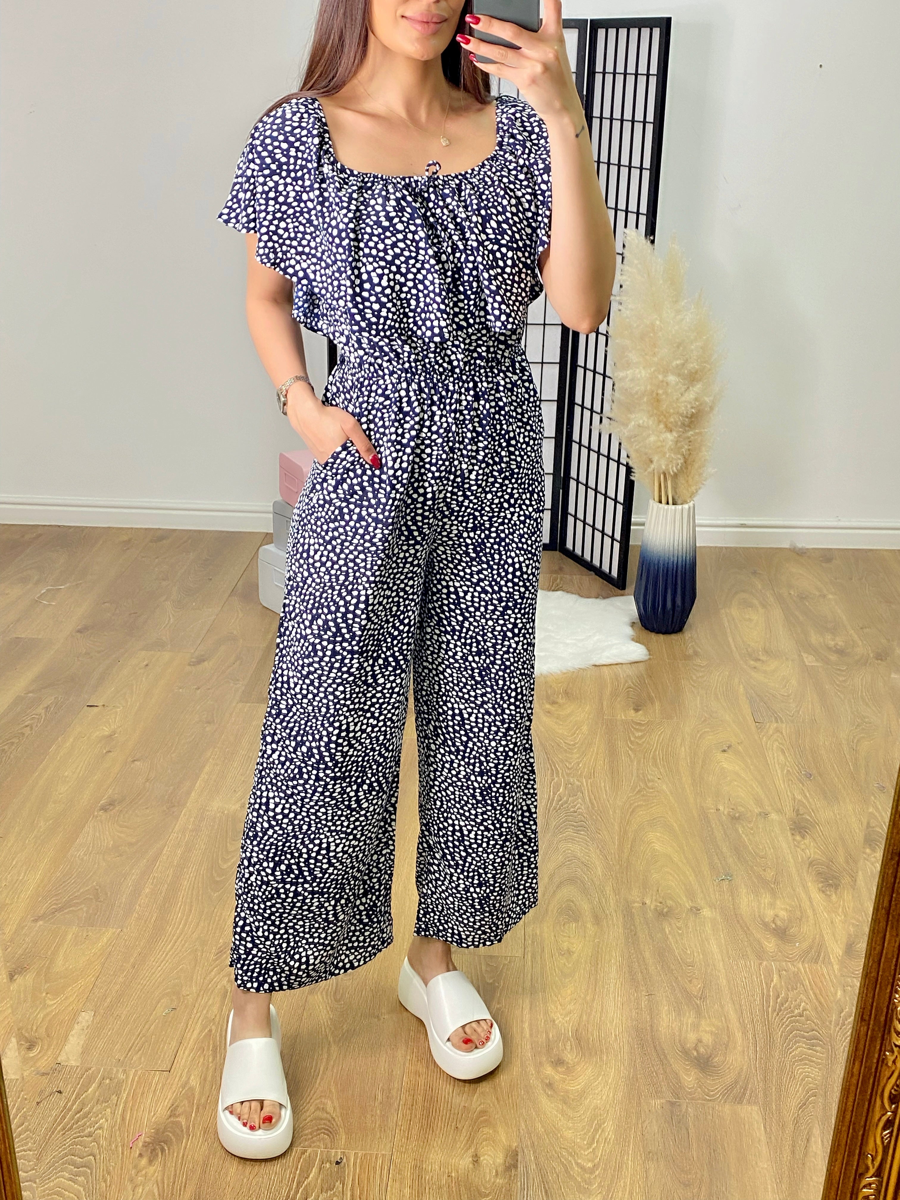 Hendrix Pebble Print Frill Bardot Jumpsuit