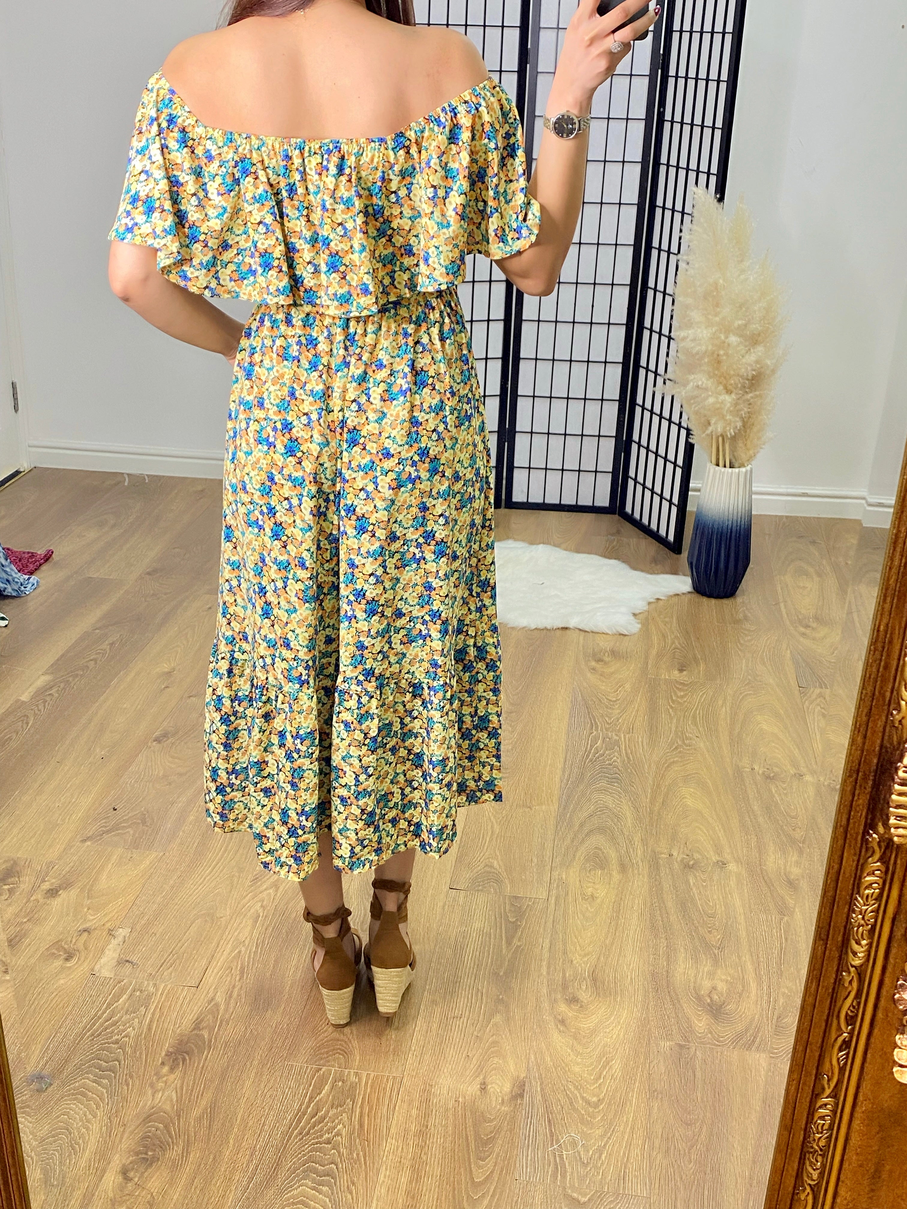 Neeko Floral Print Bardot Frill Dress