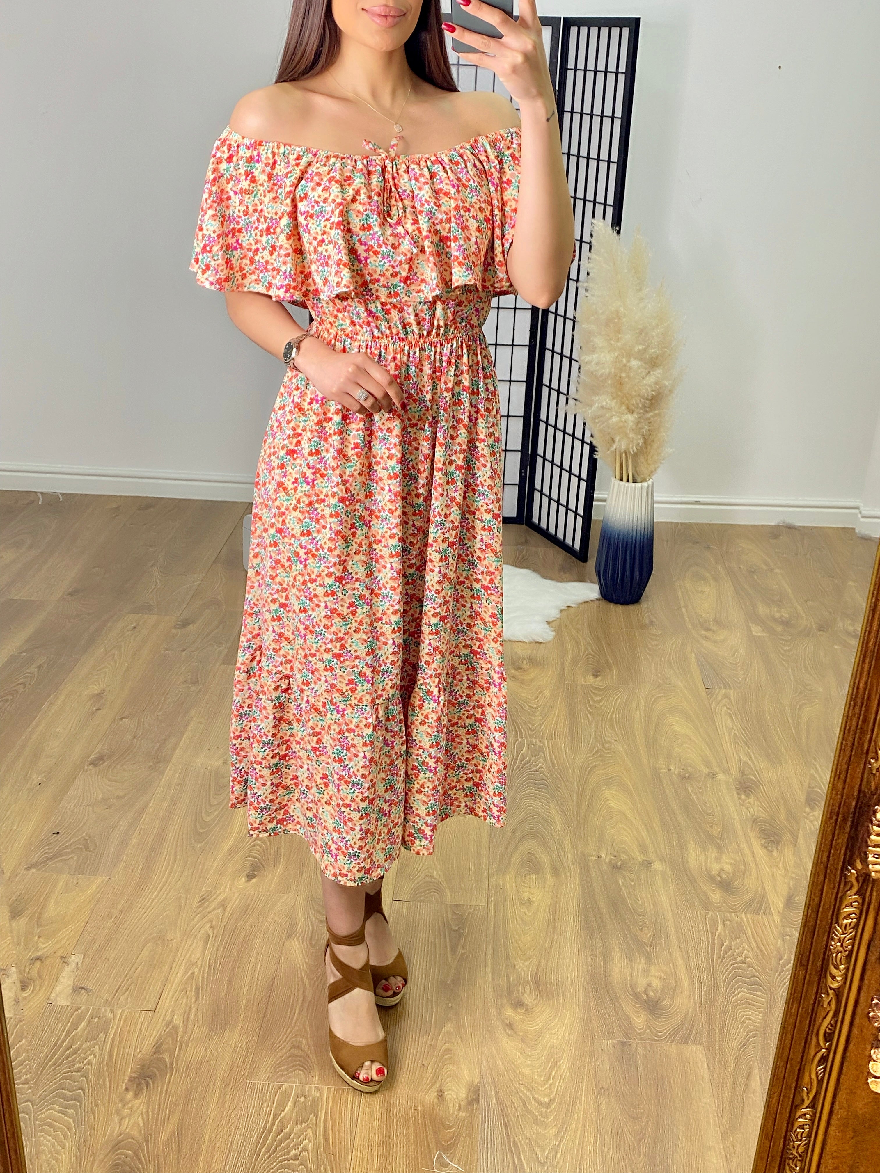 Neeko Floral Print Bardot Frill Dress