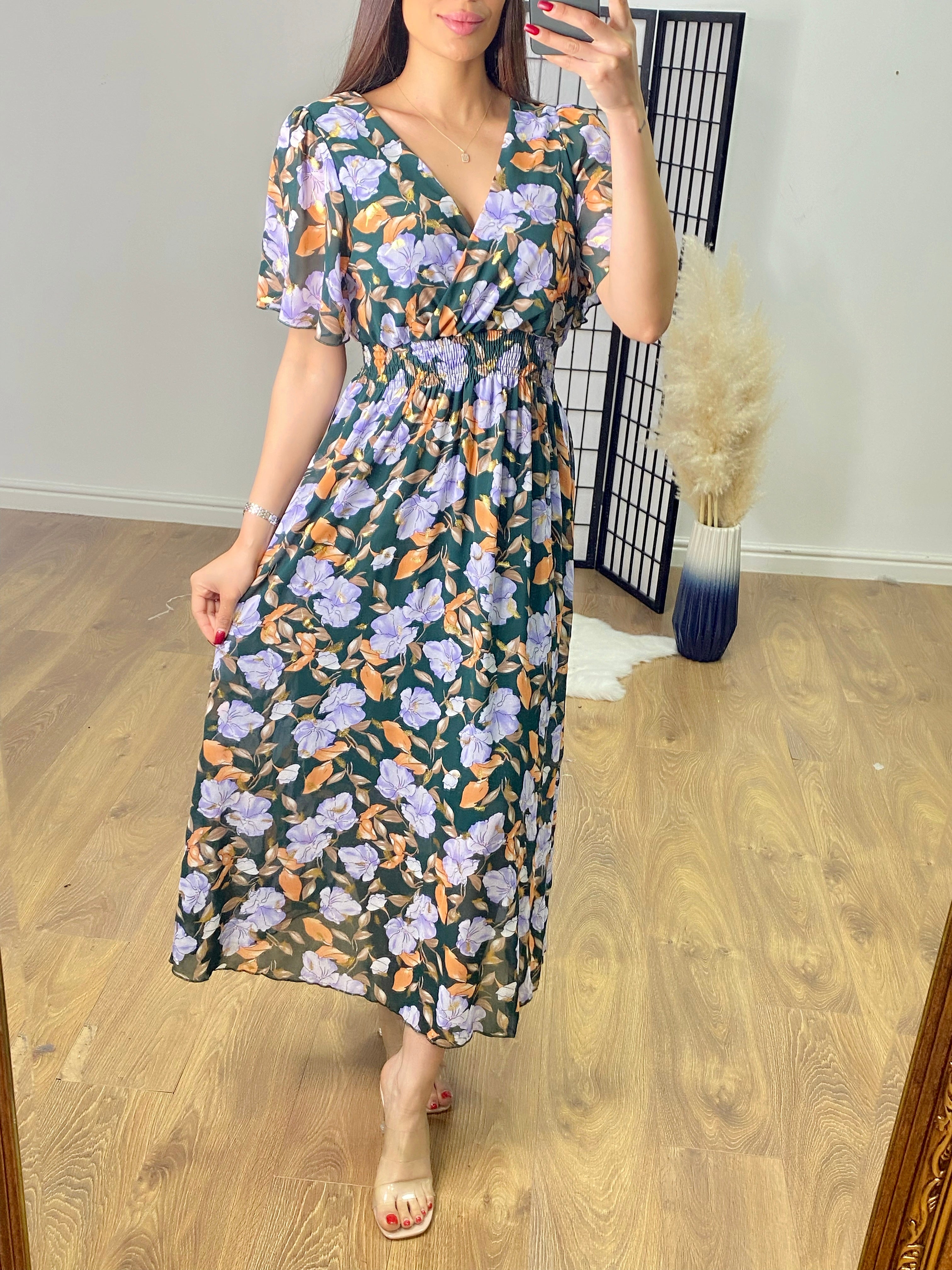 Lilyanna Angel Sleeve Floral & Feather Print Maxi Dress