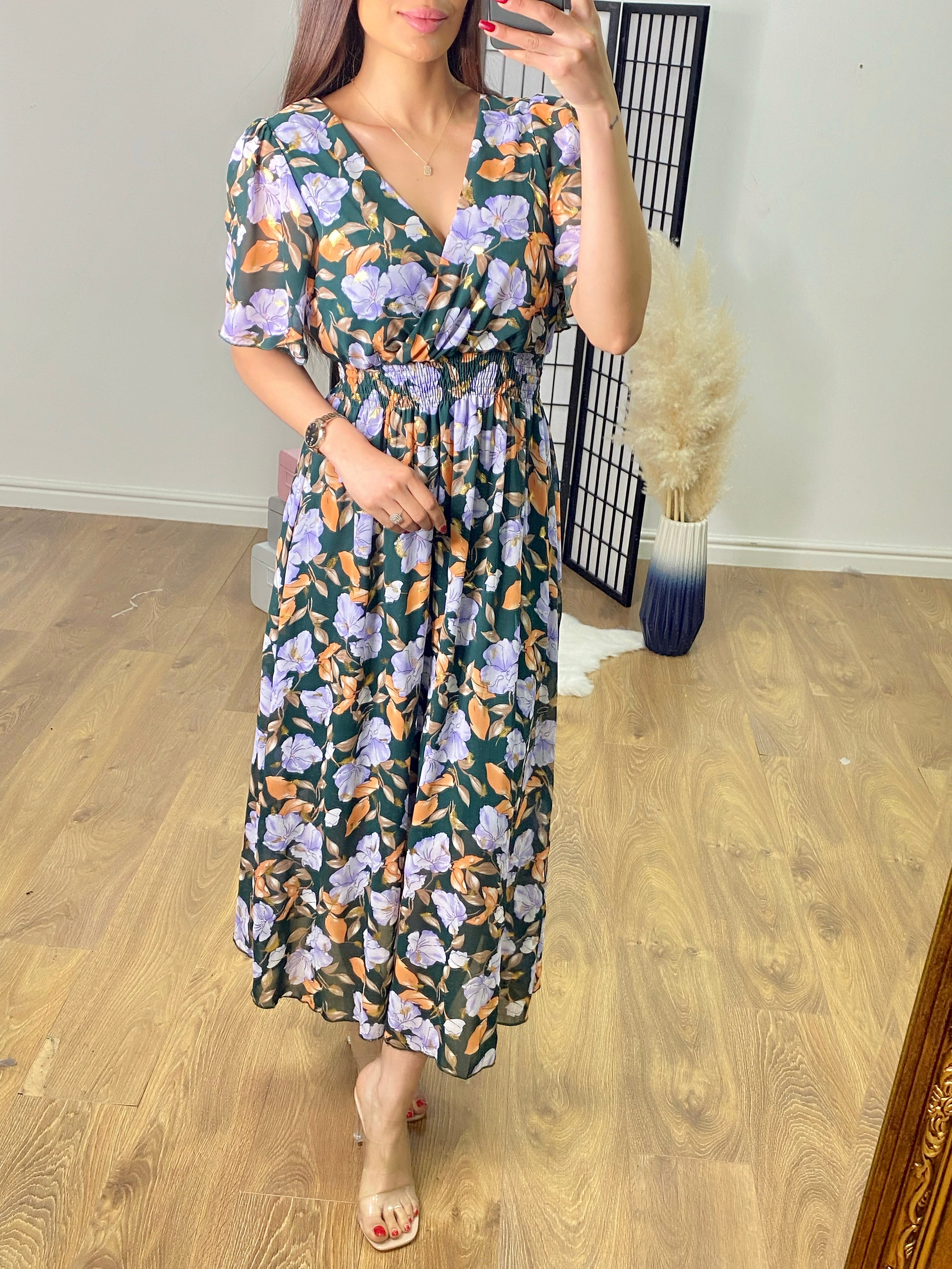 Lilyanna Angel Sleeve Floral & Feather Print Maxi Dress