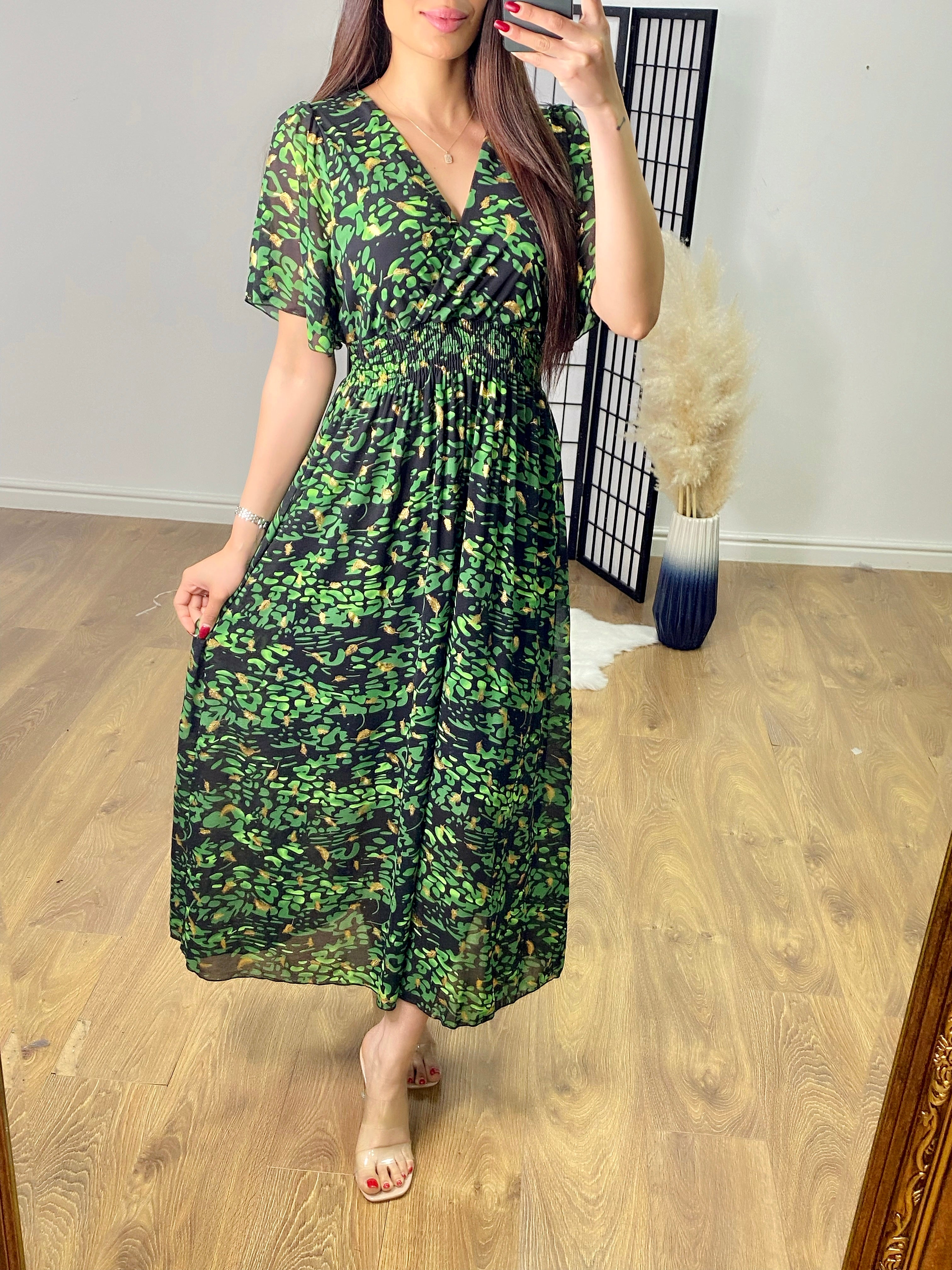 Priyanka Angel Sleeve Feather Print Maxi Dress