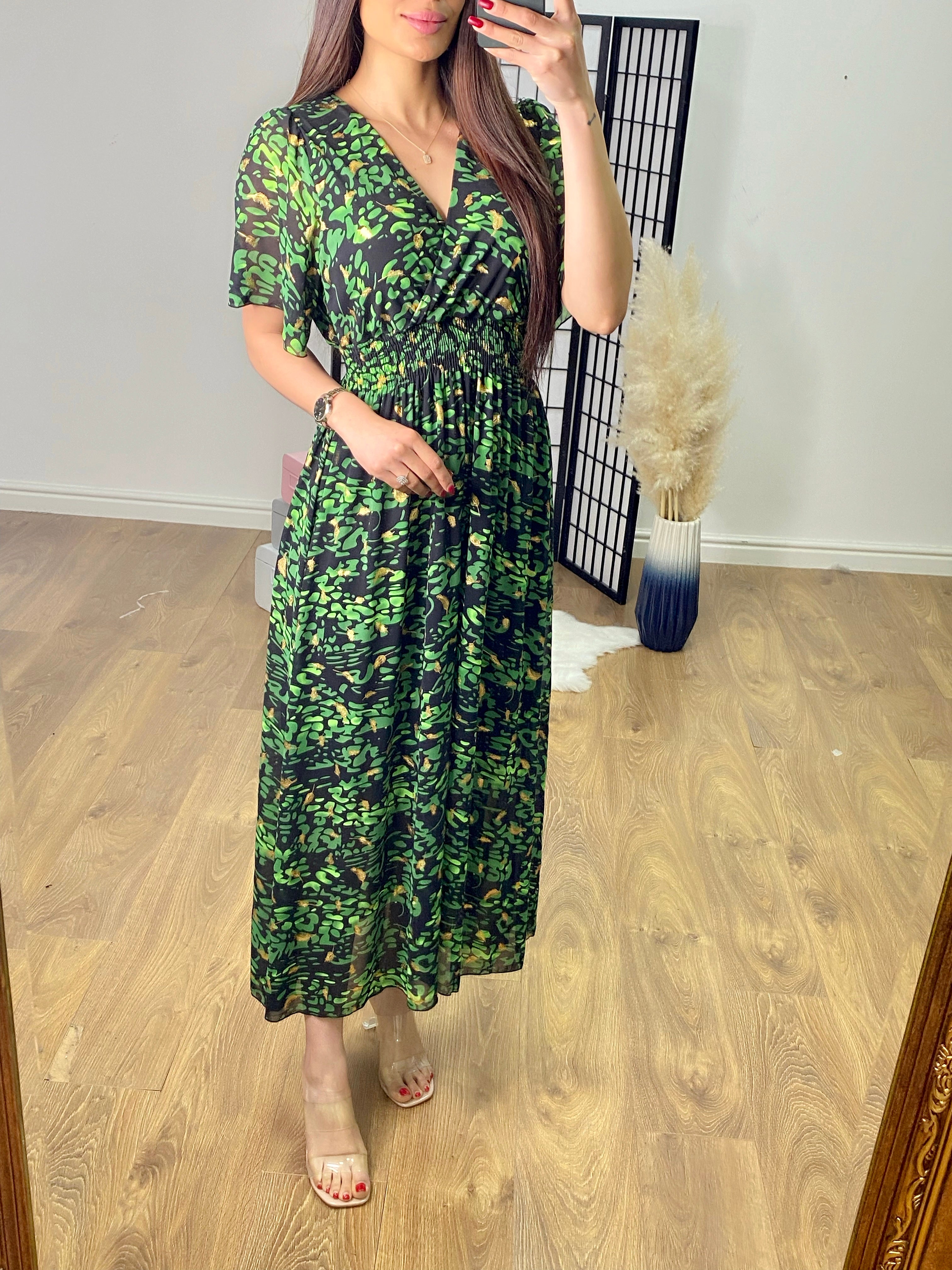 Priyanka Angel Sleeve Feather Print Maxi Dress