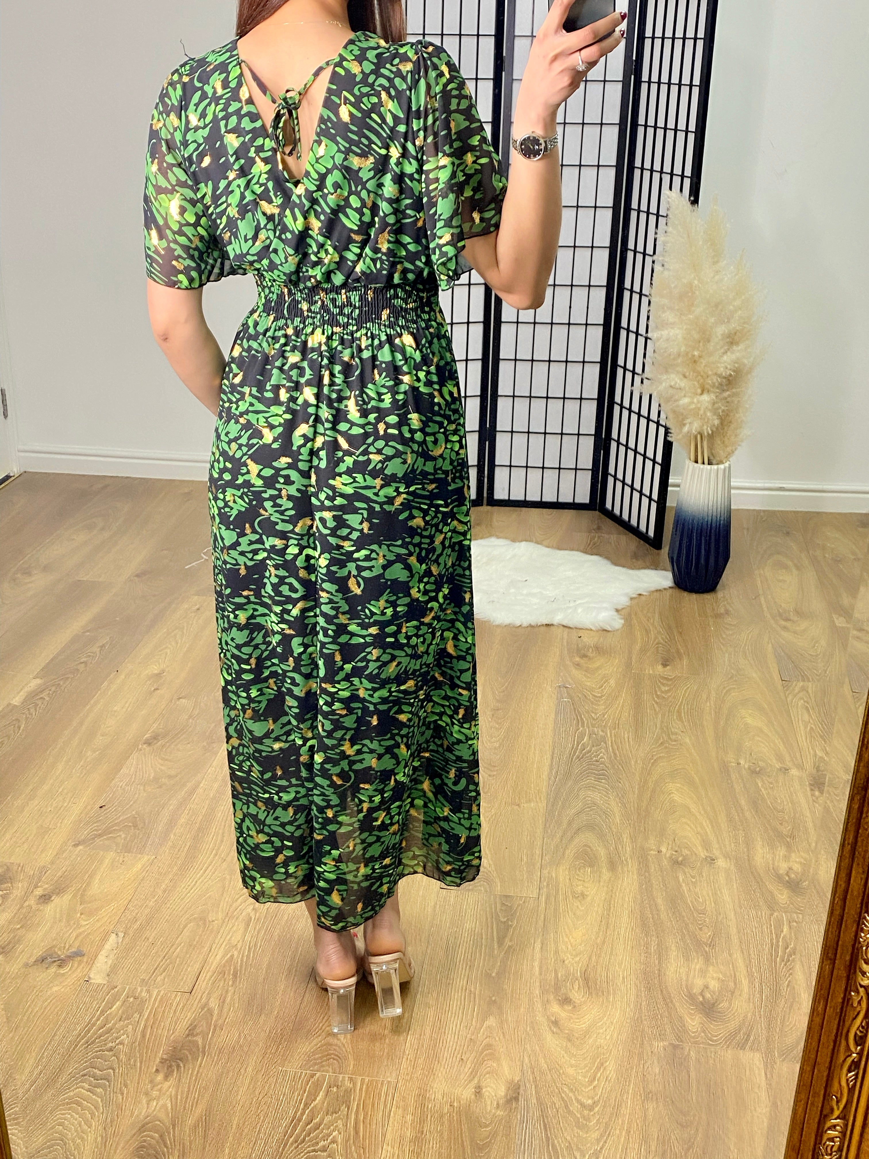 Priyanka Angel Sleeve Feather Print Maxi Dress