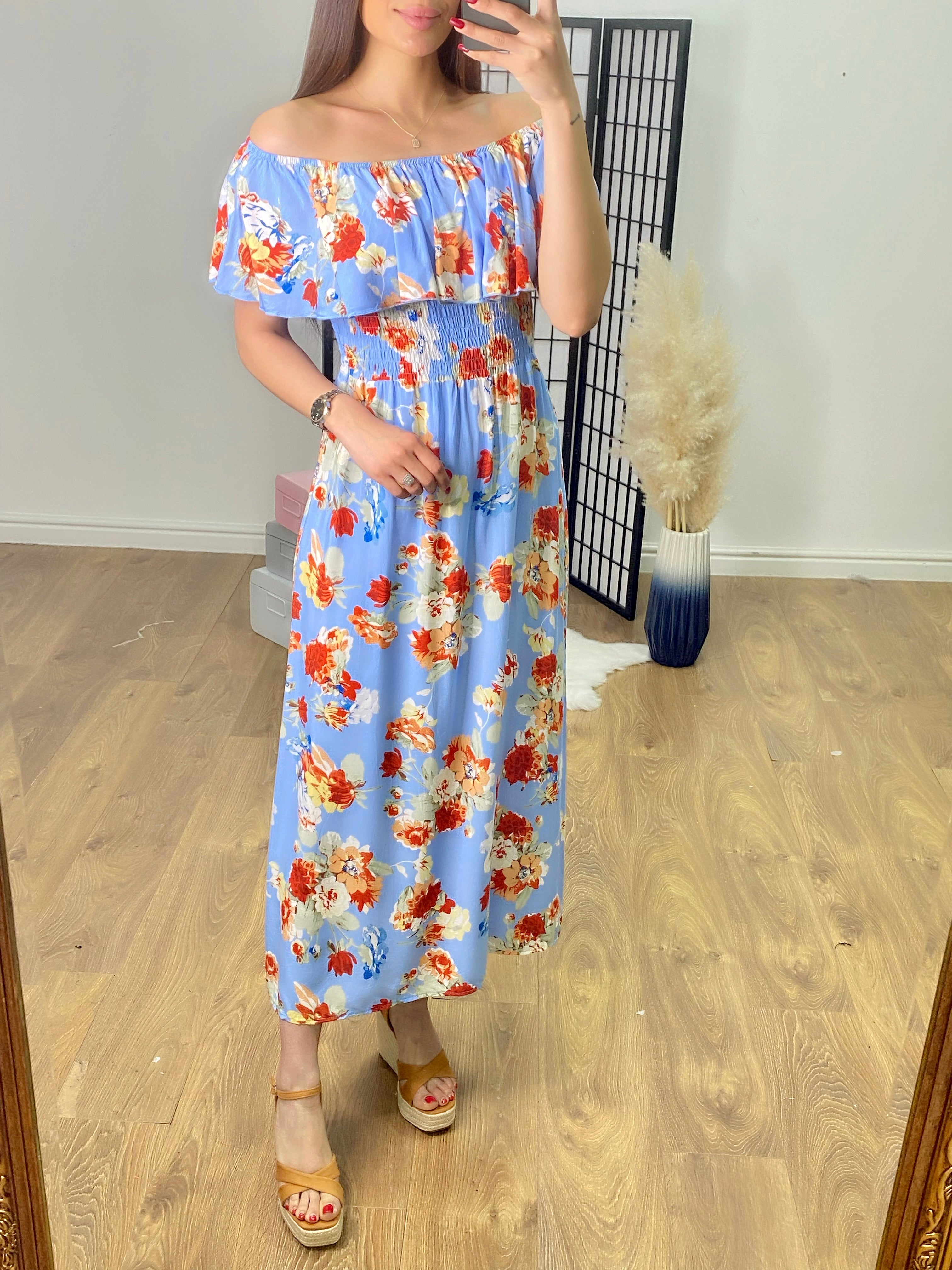 Belissini Floral Print Bardot Frill Maxi Dress