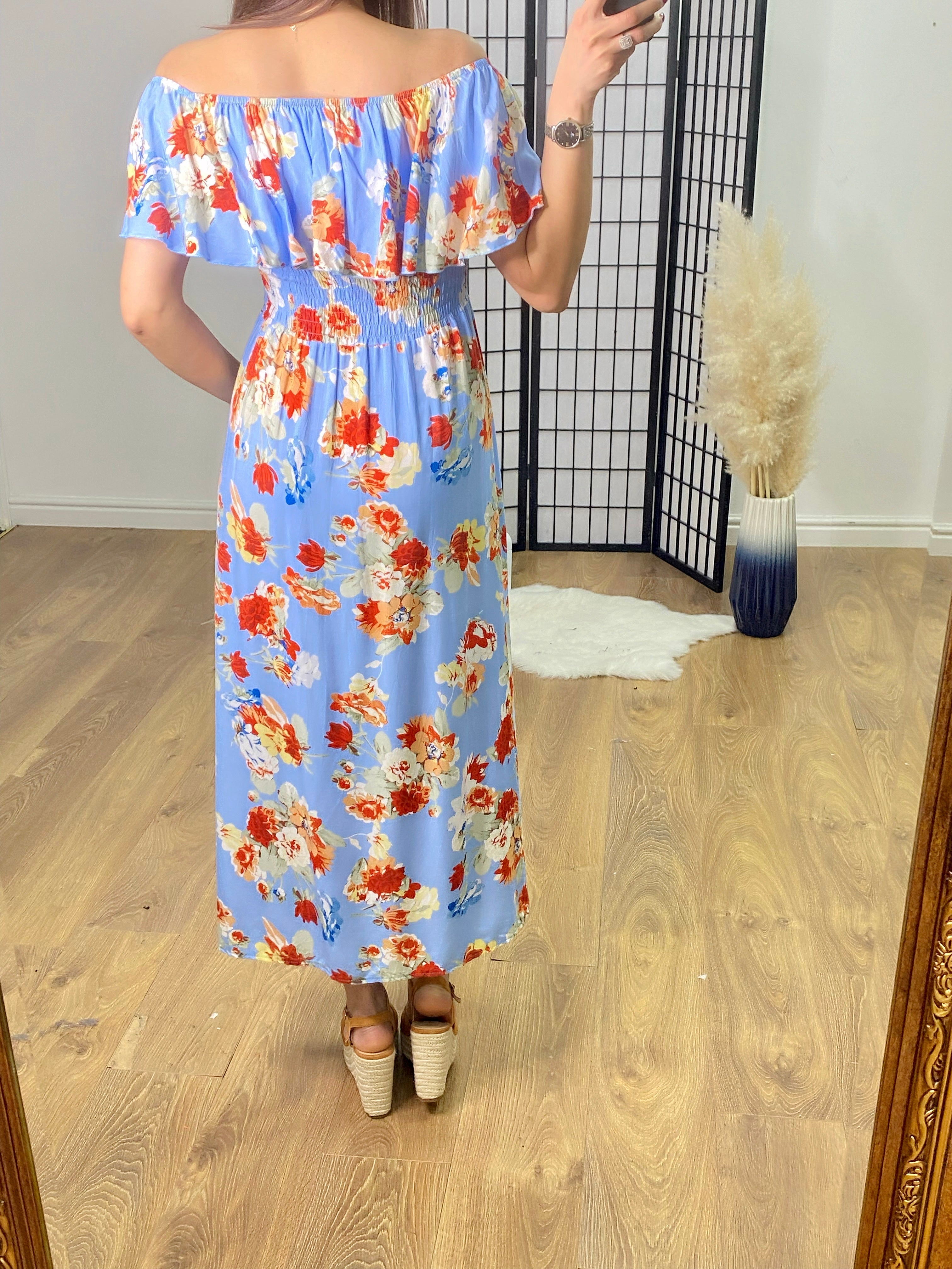 Belissini Floral Print Bardot Frill Maxi Dress