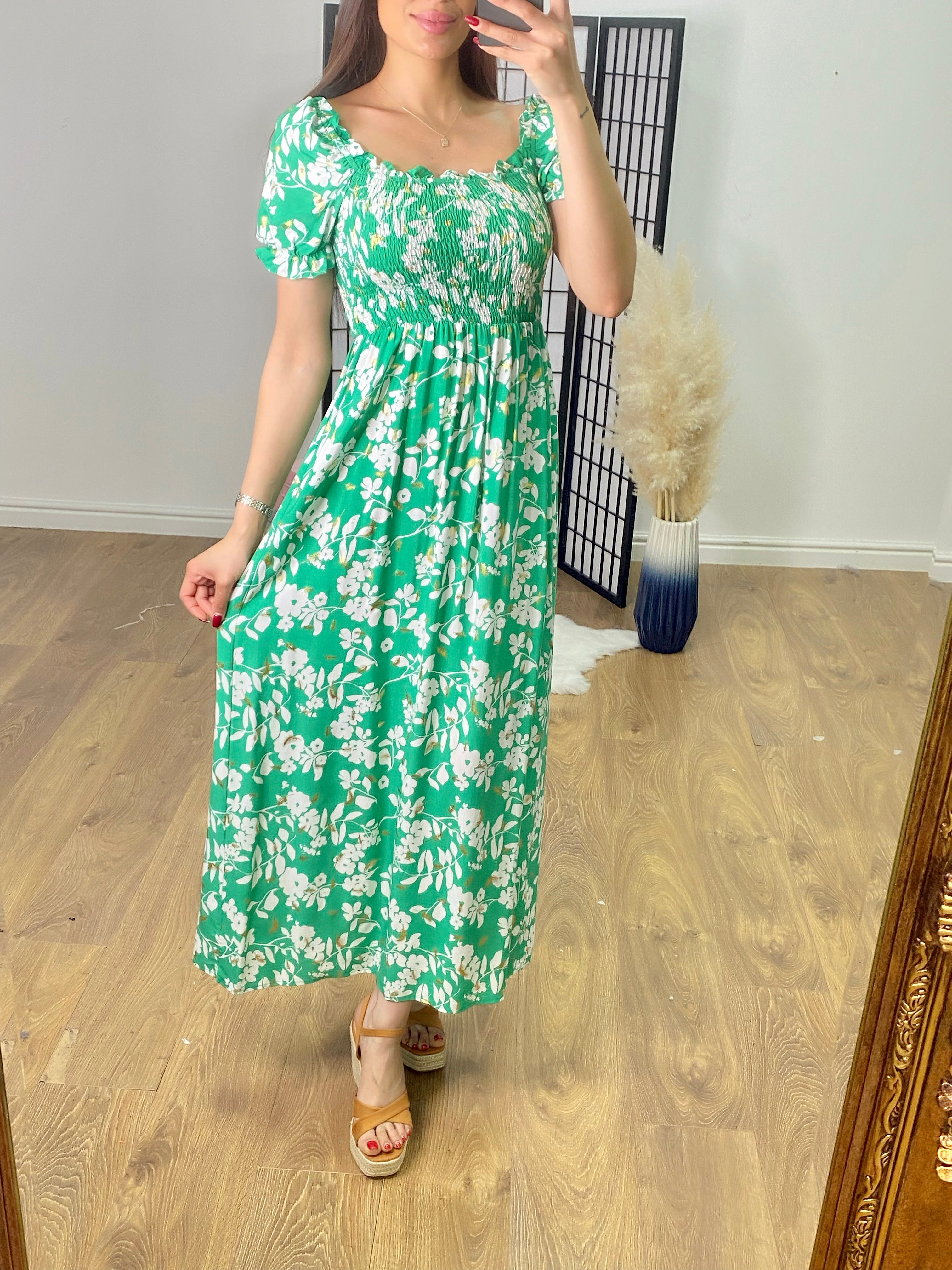 Alicante Elasticated Bust Floral & Feather Print Dress