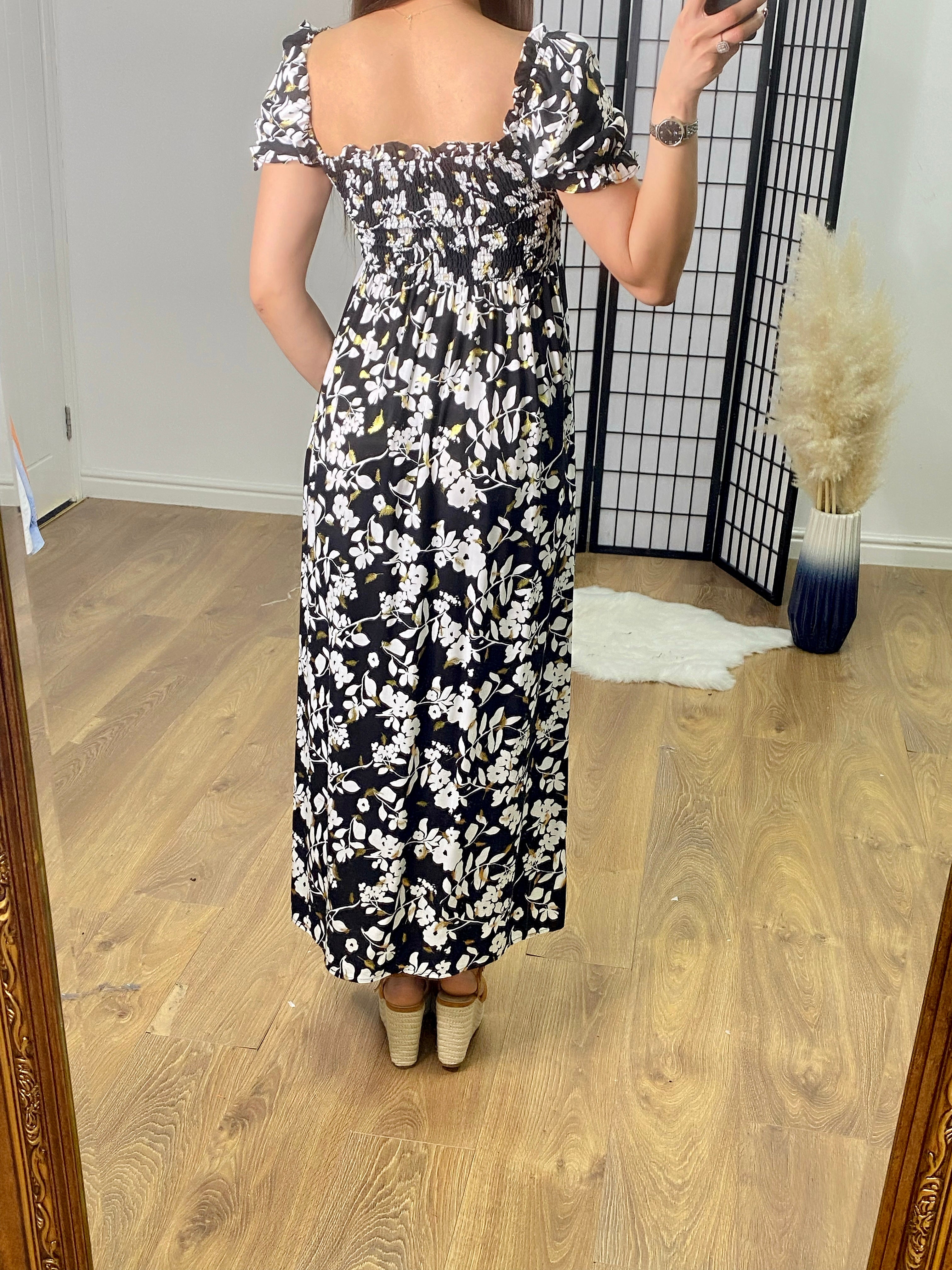 Alicante Elasticated Bust Floral & Feather Print Dress