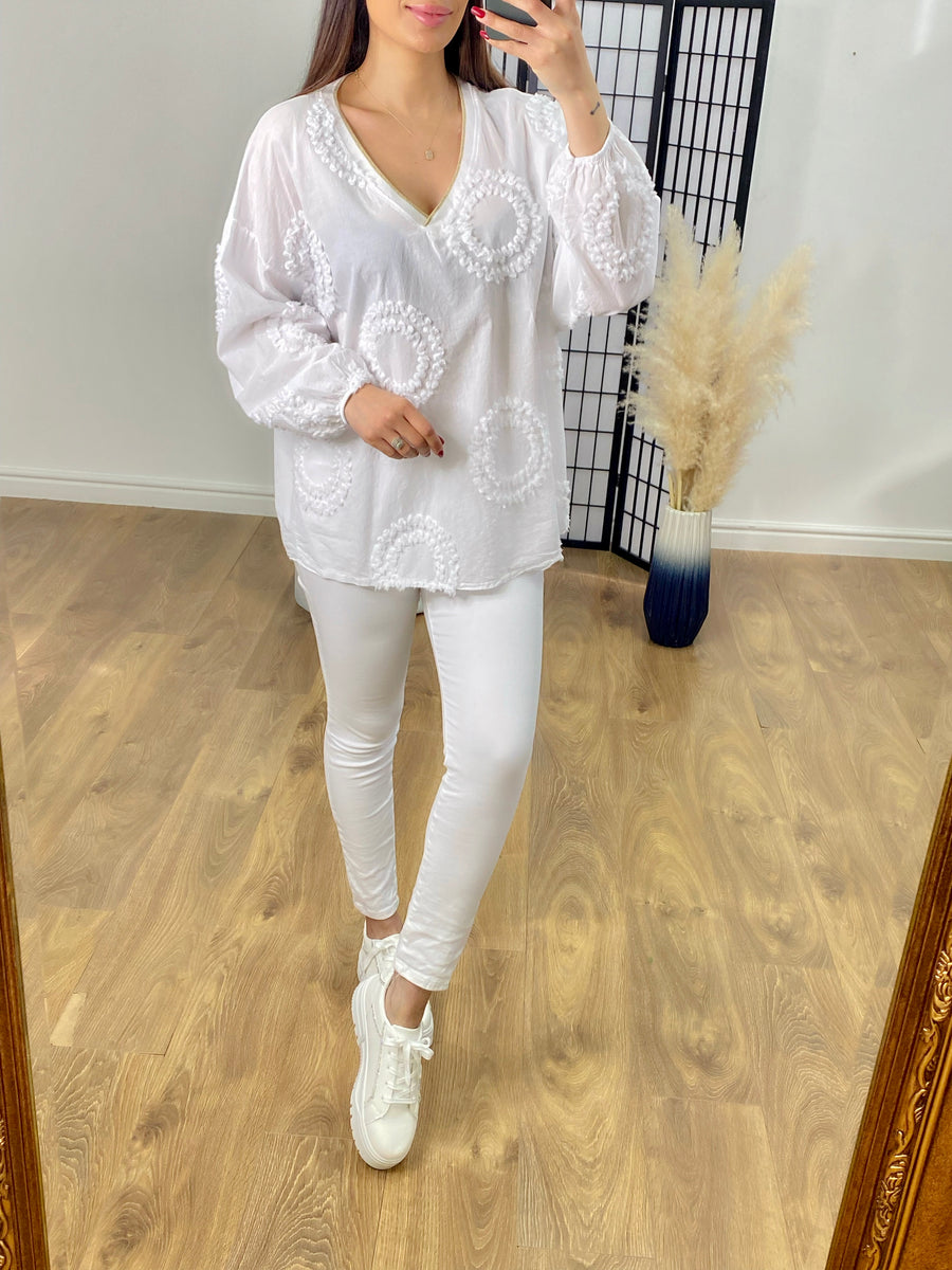 Pomelo Gold Trim Balloon Sleeve Circle Detail Top BowsBoutiques