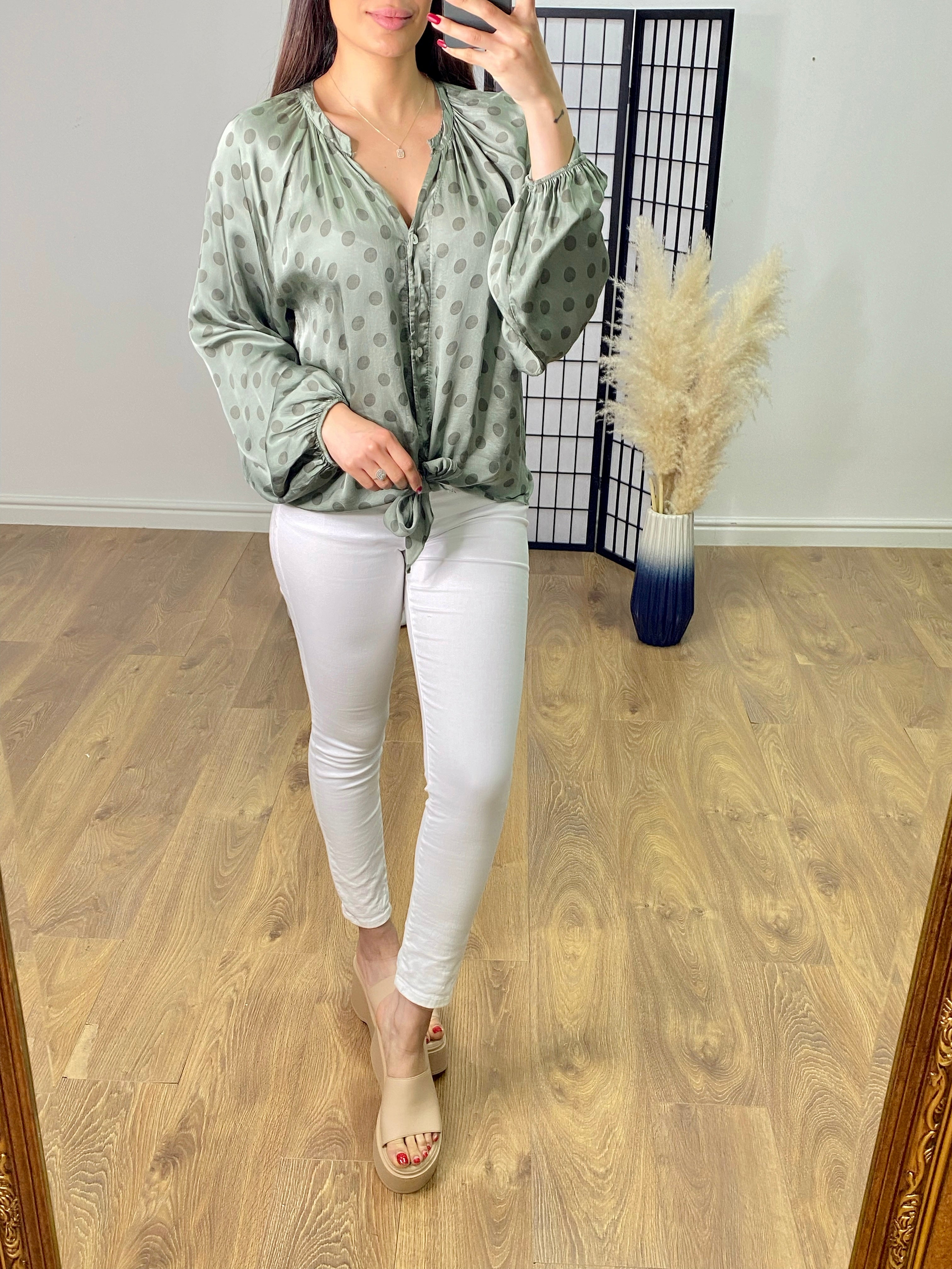 Sheila Polka Dot Satin Tie Front Blouse