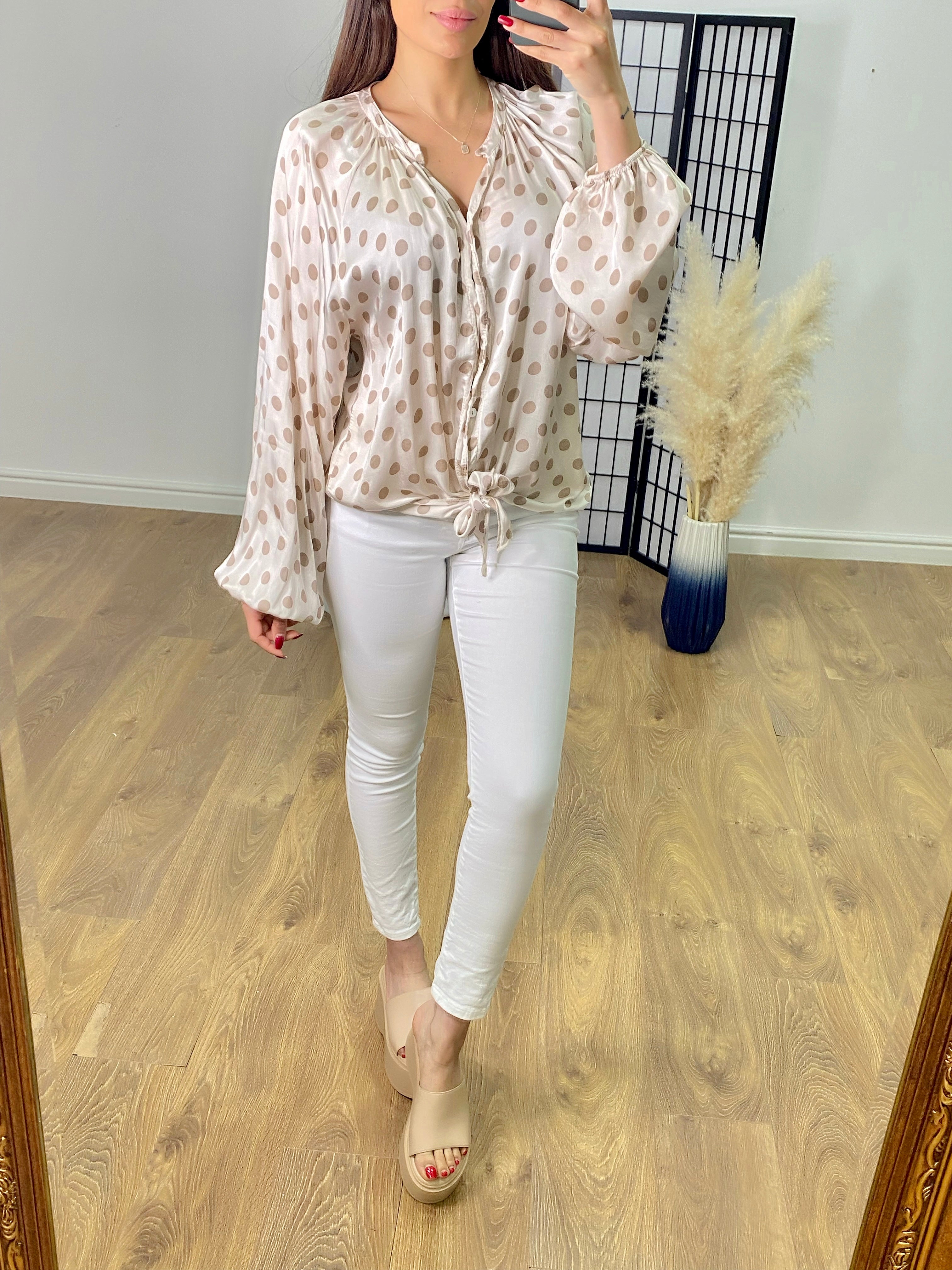 Sheila Polka Dot Satin Tie Front Blouse