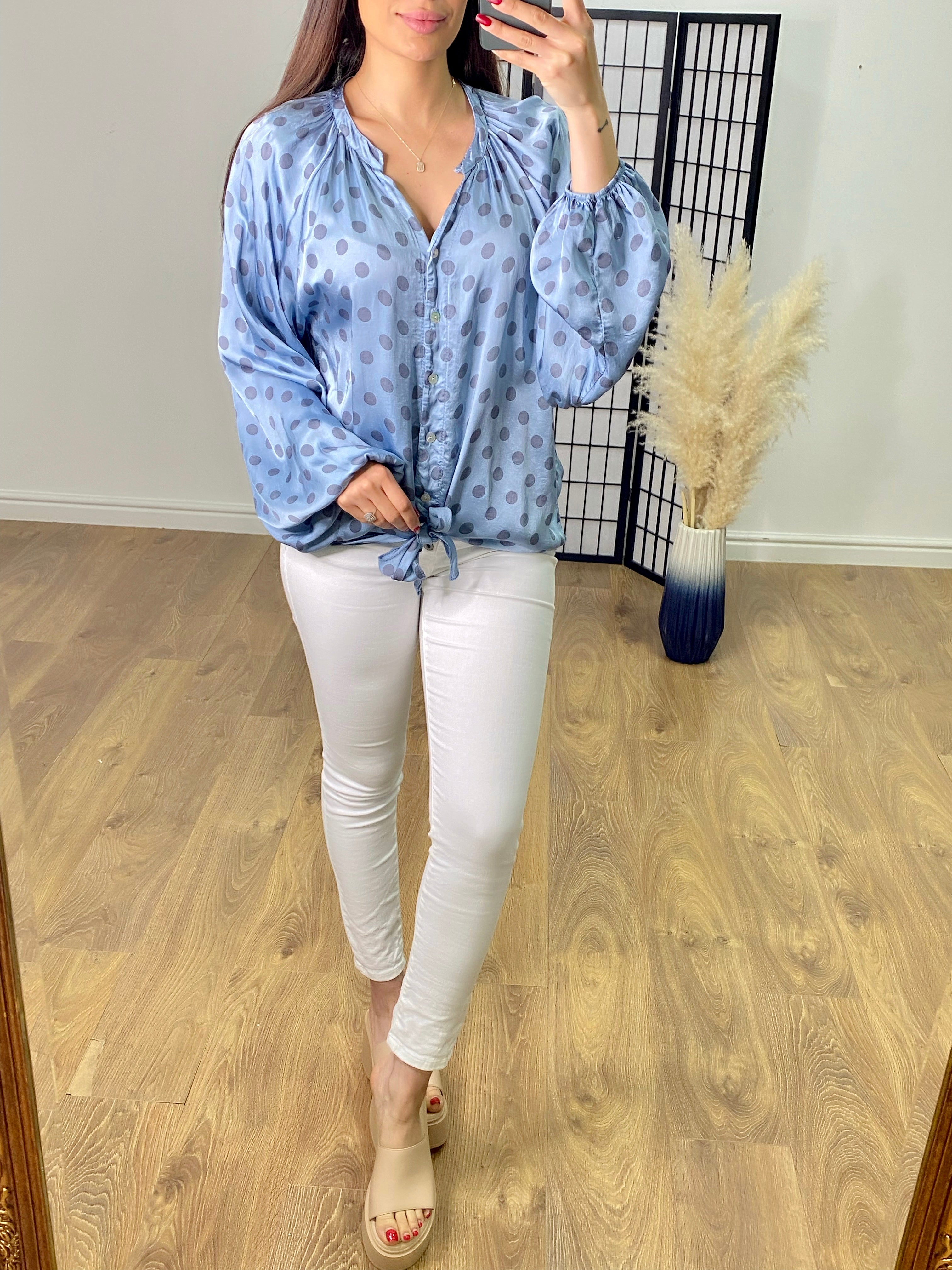 Sheila Polka Dot Satin Tie Front Blouse