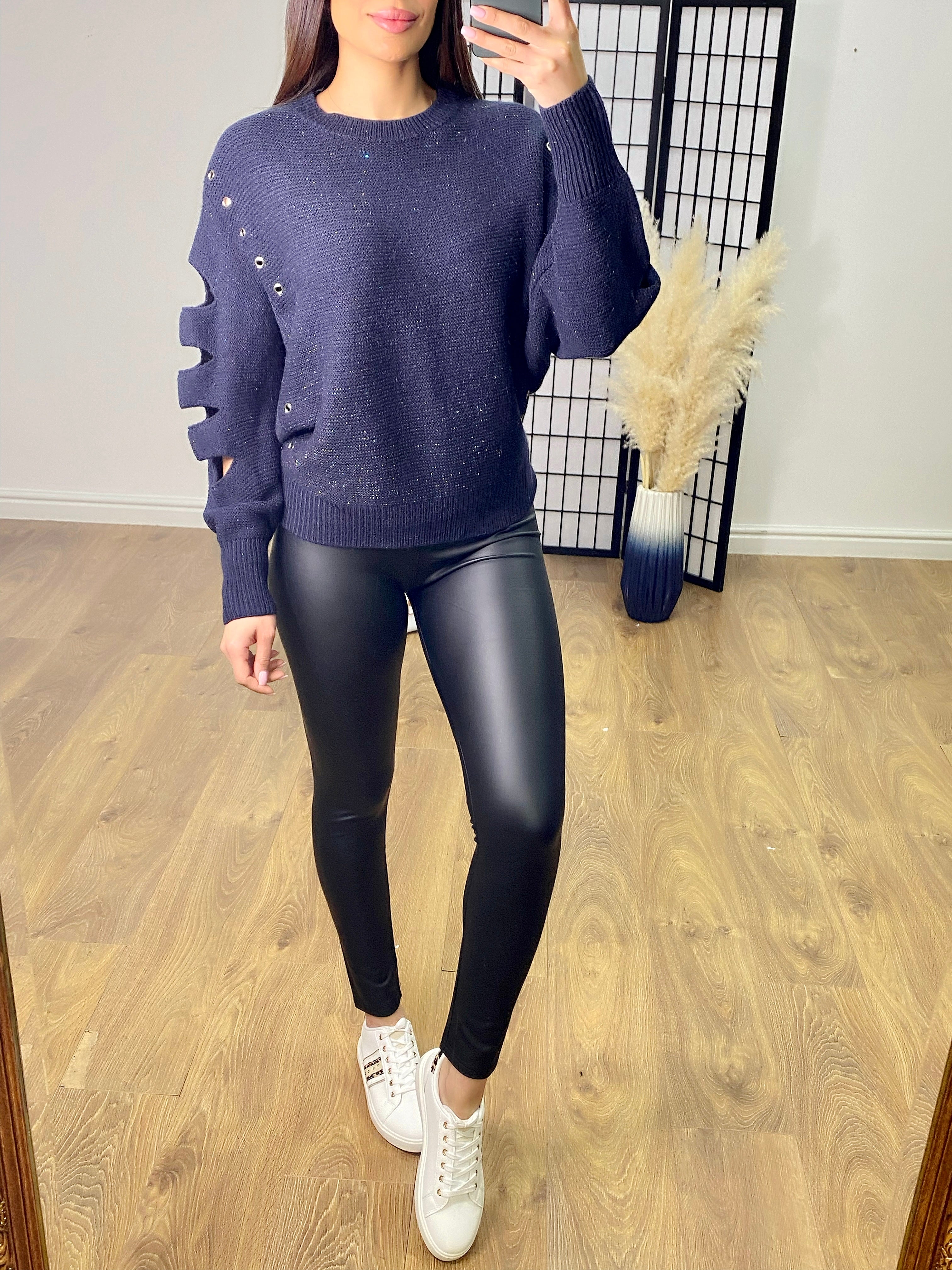 Berty Navy Glitter Cut Out Arm Knitted Jumper