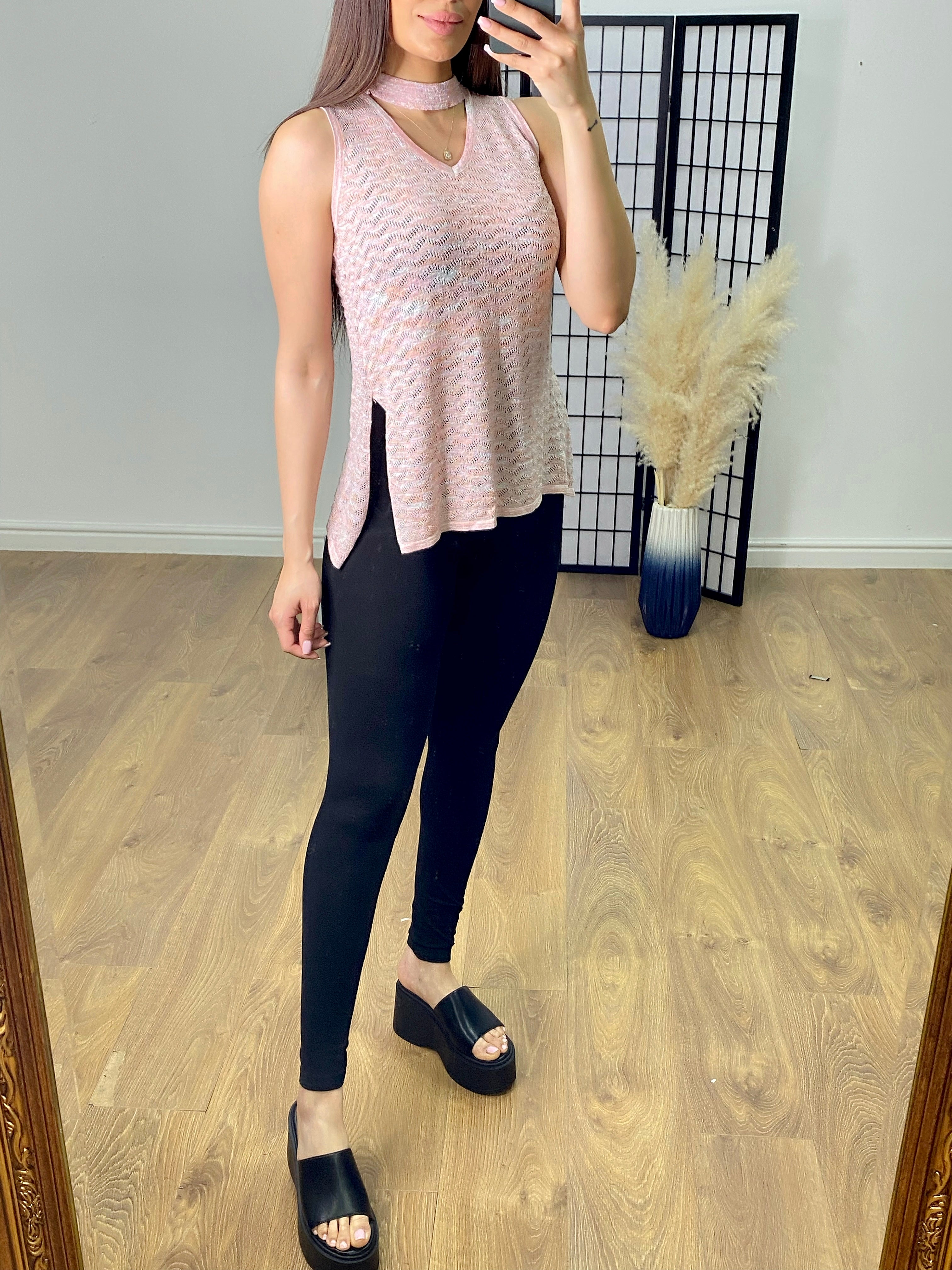 Darlia Pink Lurex Cut Out Fine Knit