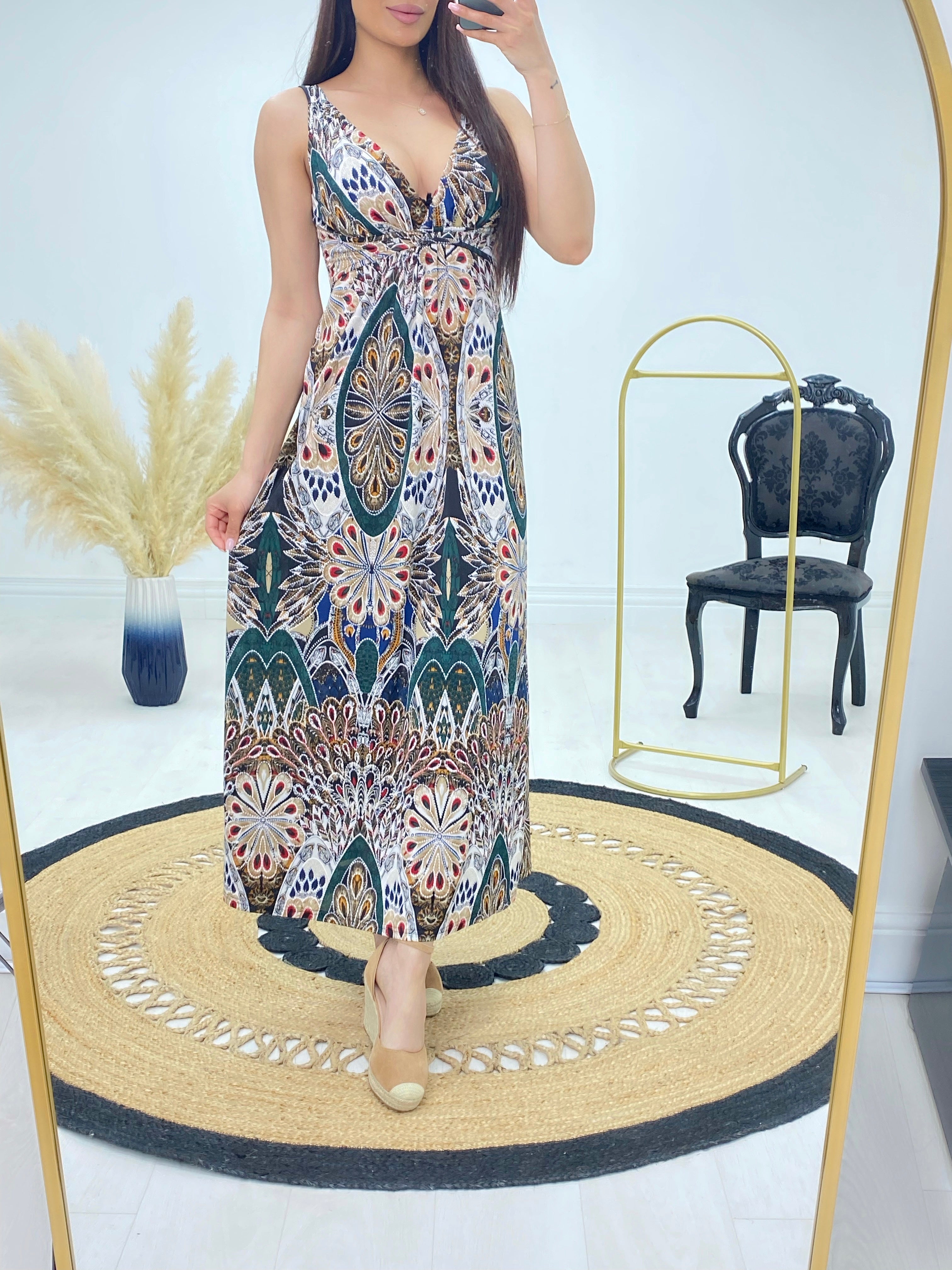 Alaska Textured Peacock Print Maxi Dress