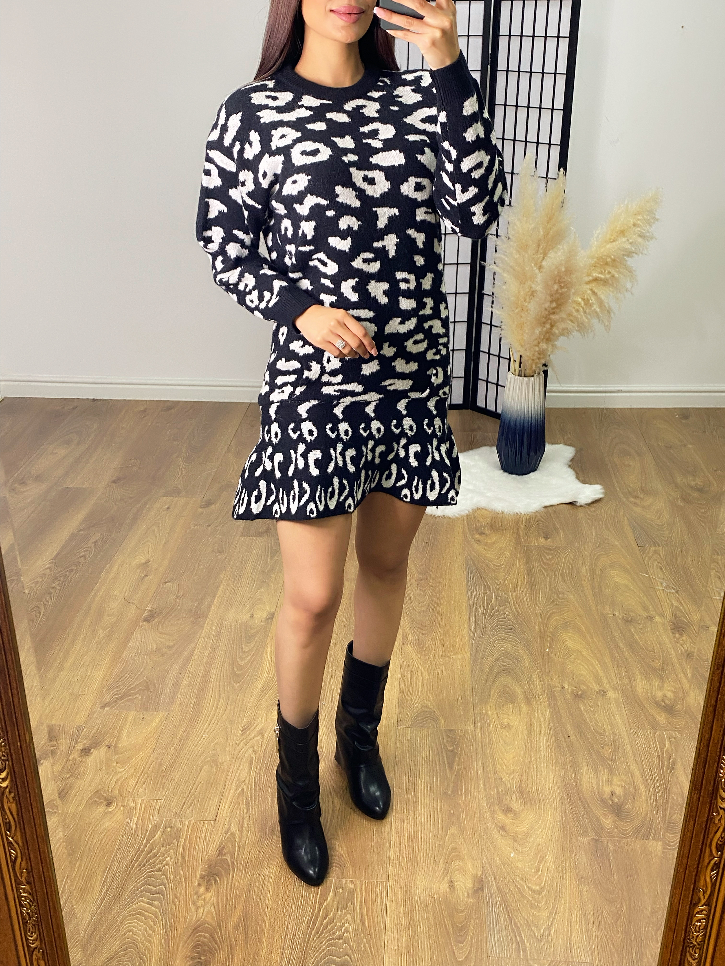 Simba Leopard Print Knitted Frill Hem Dress