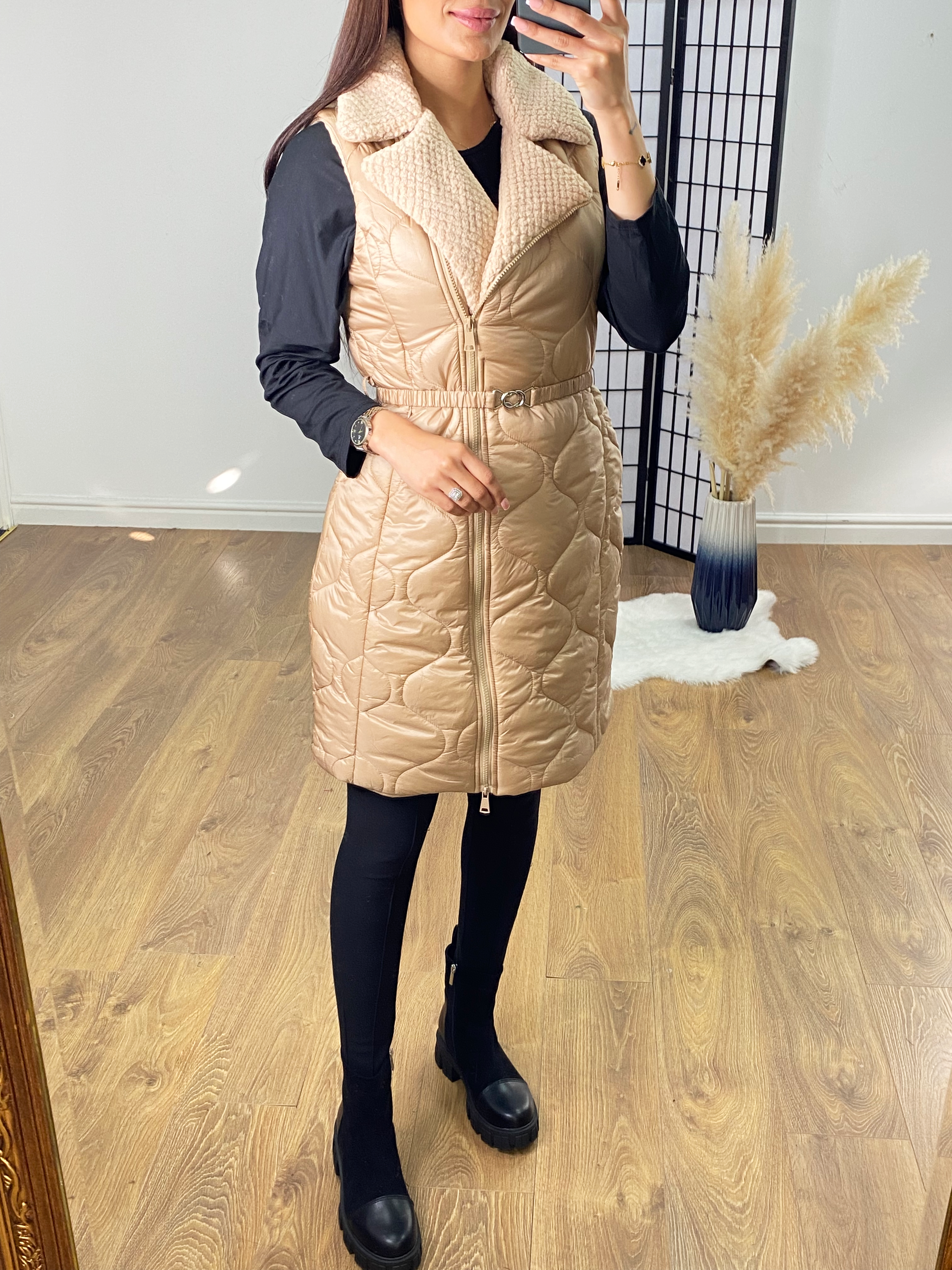 Carlotta Beige Teddy Collar Quilted Gilet