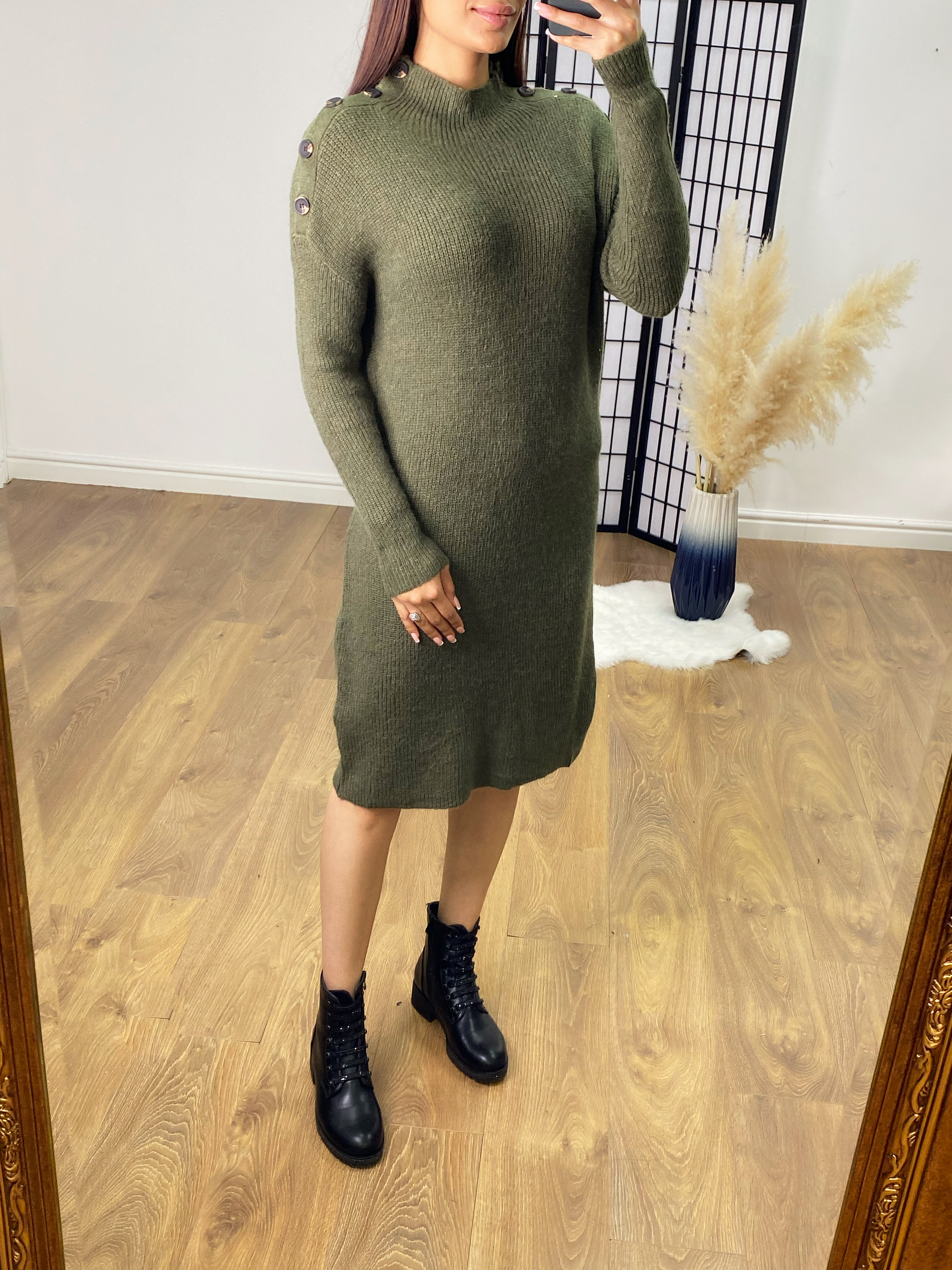 Becca High Neck Button Shoulder Jumper Dress