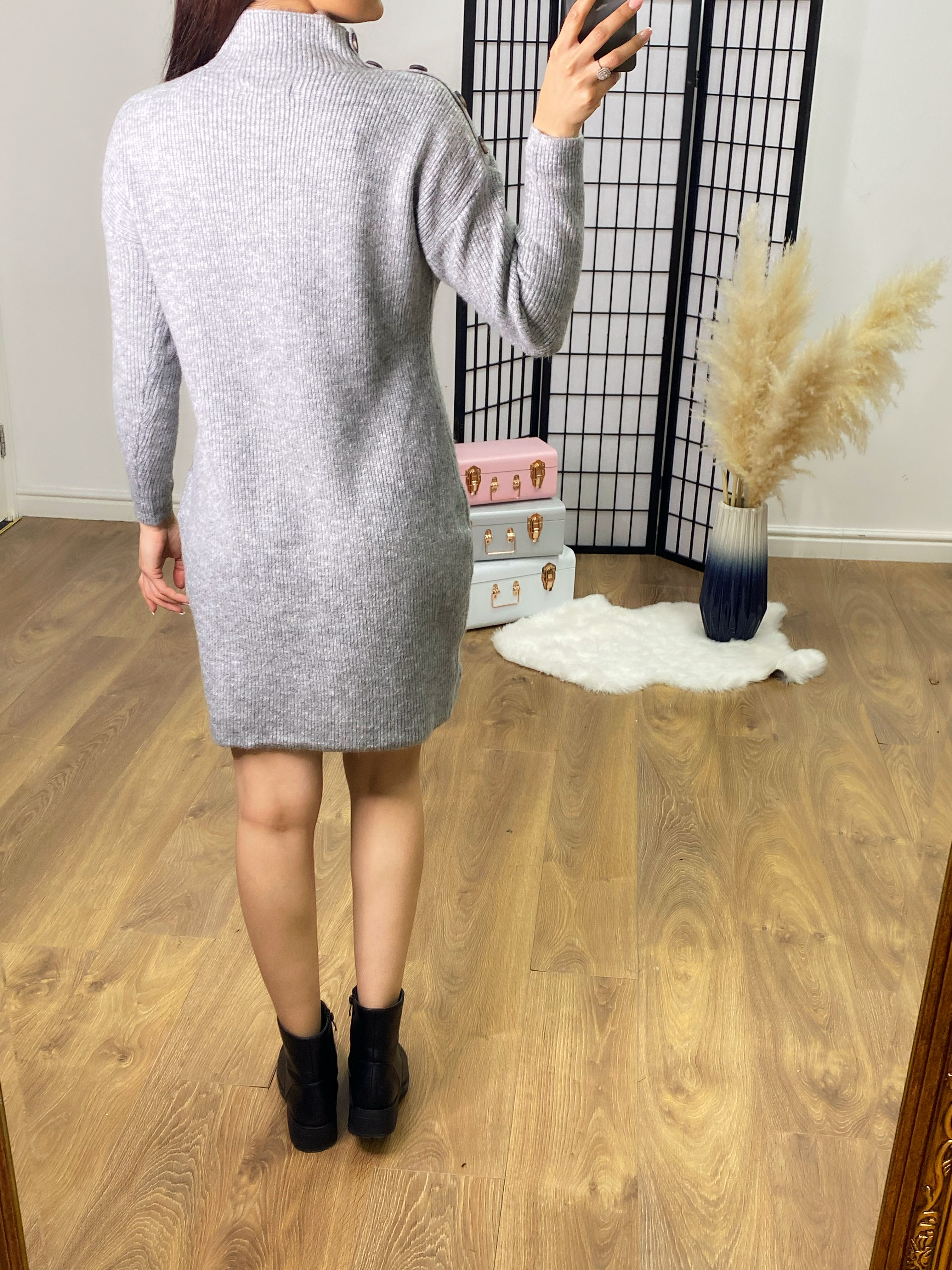 Becca High Neck Button Shoulder Jumper Dress