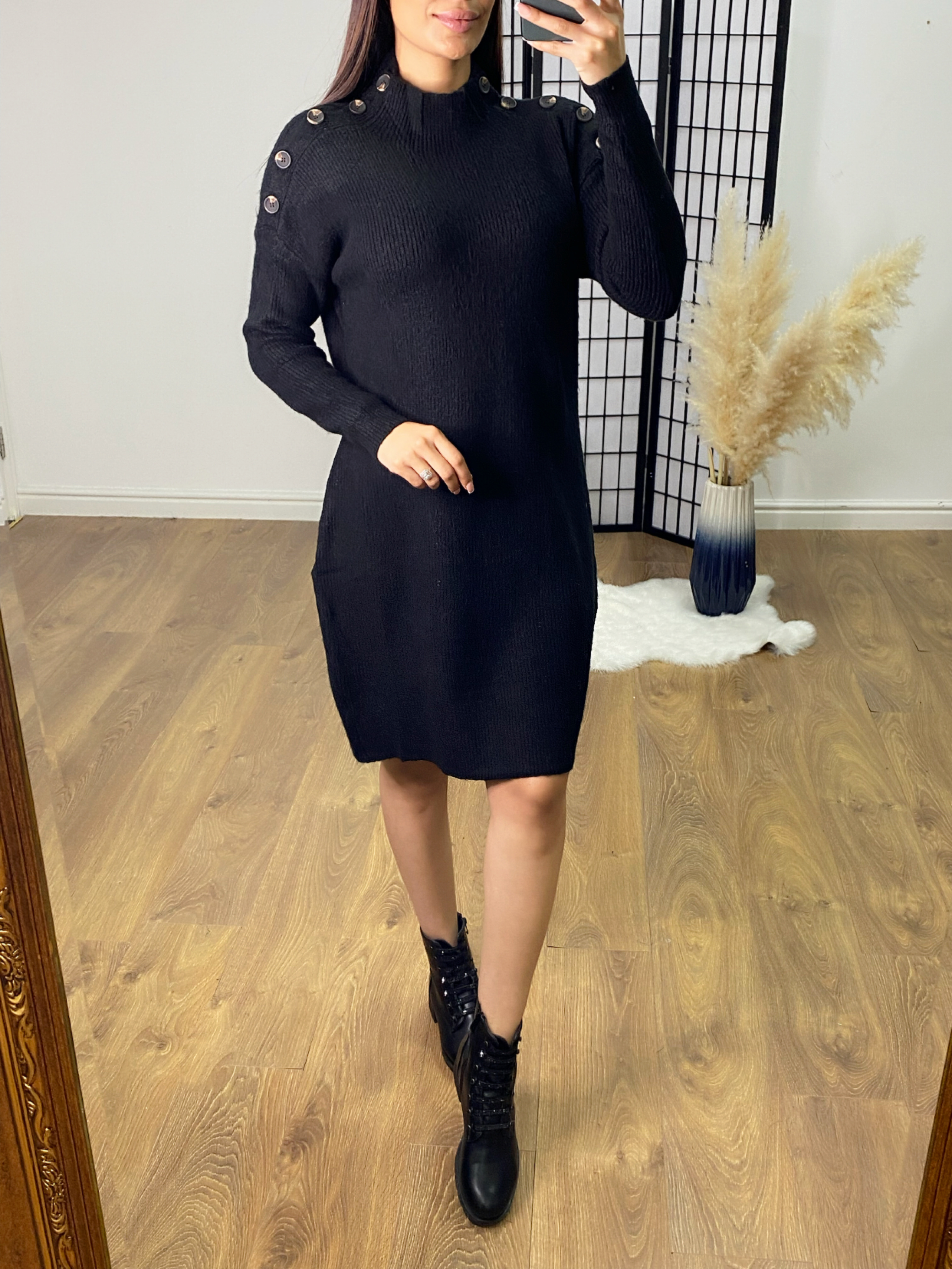 Becca High Neck Button Shoulder Jumper Dress