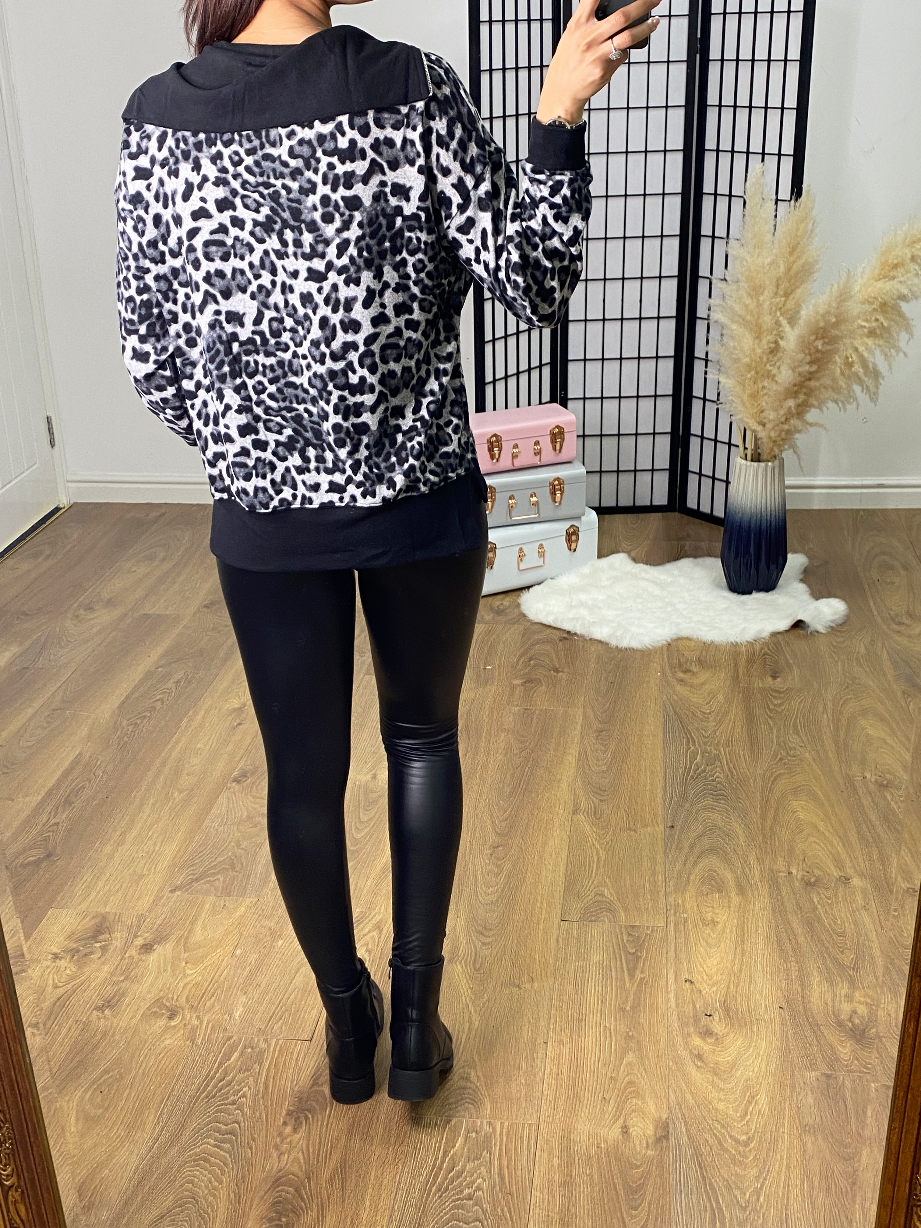 Bertha Grey Leopard Print Zip Jumper