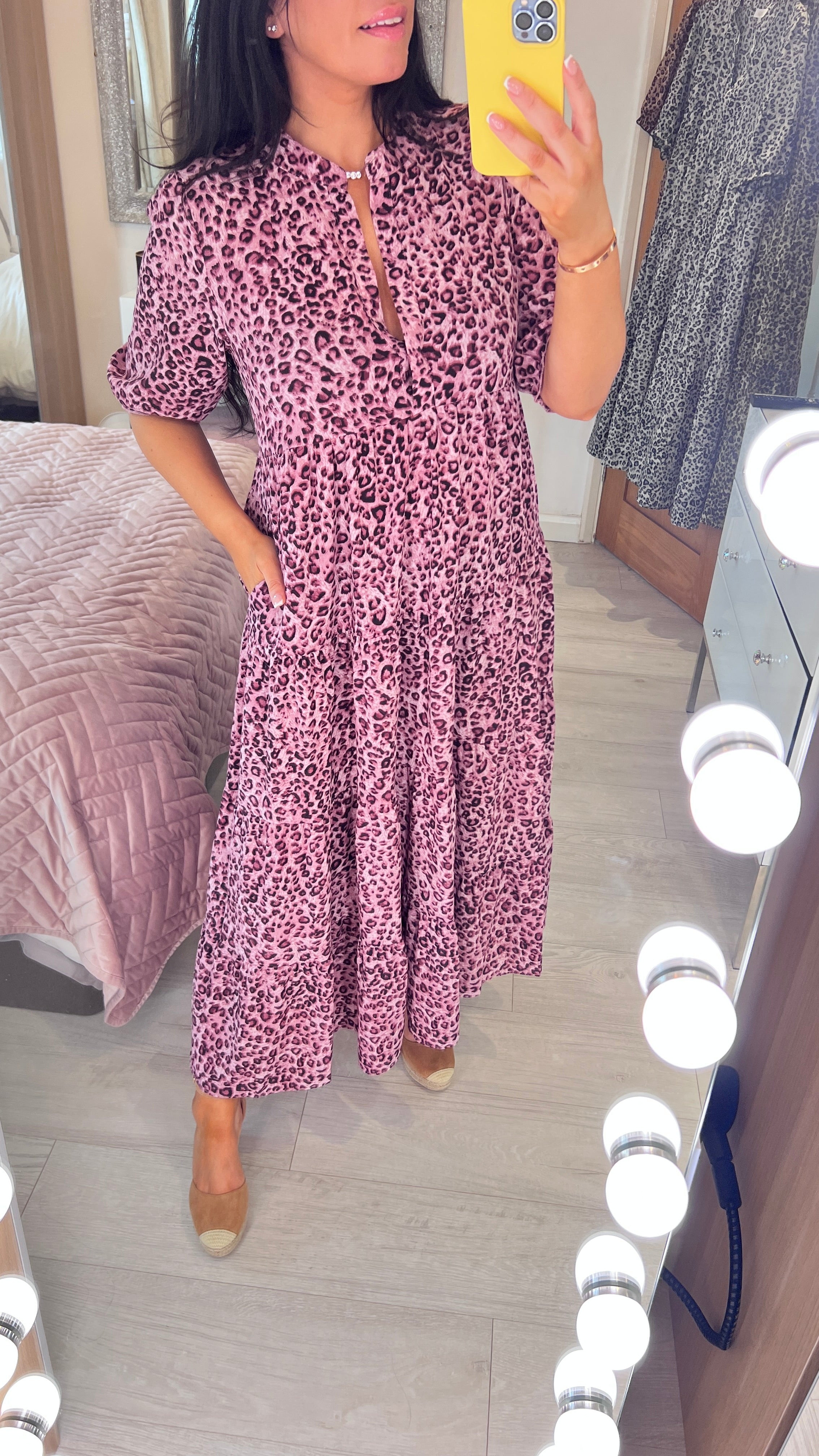 Acorn Leopard Print 3/4 Sleeve Smock Maxi Dress