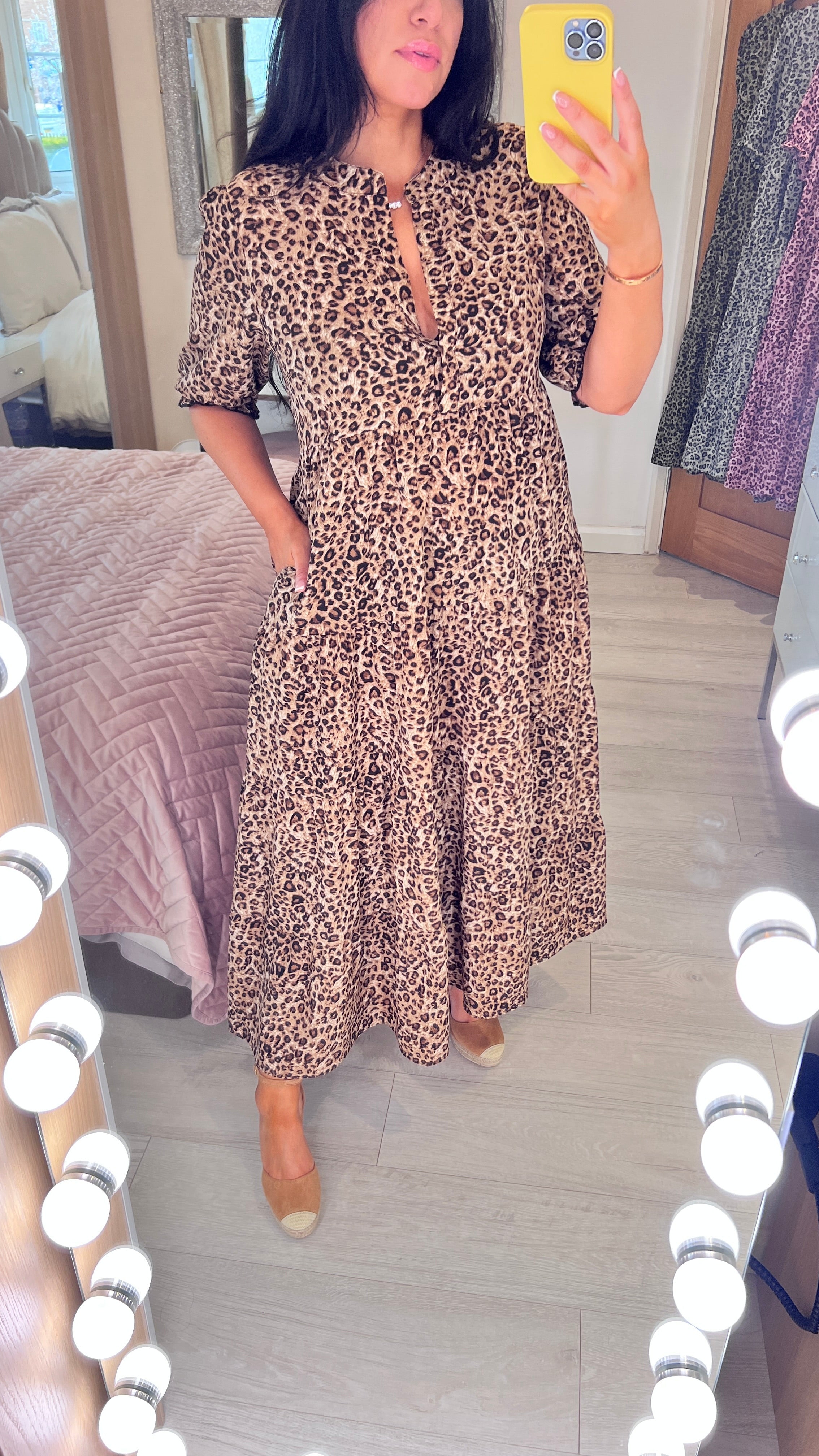 Acorn Leopard Print 3/4 Sleeve Smock Maxi Dress