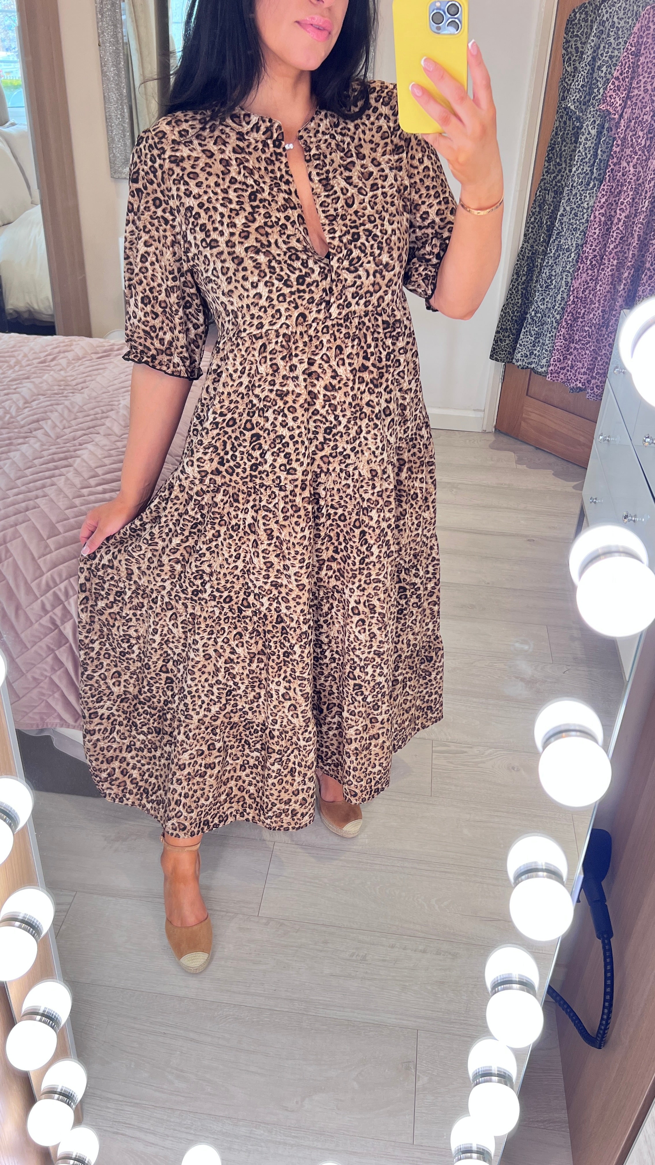 Acorn Leopard Print 3/4 Sleeve Smock Maxi Dress