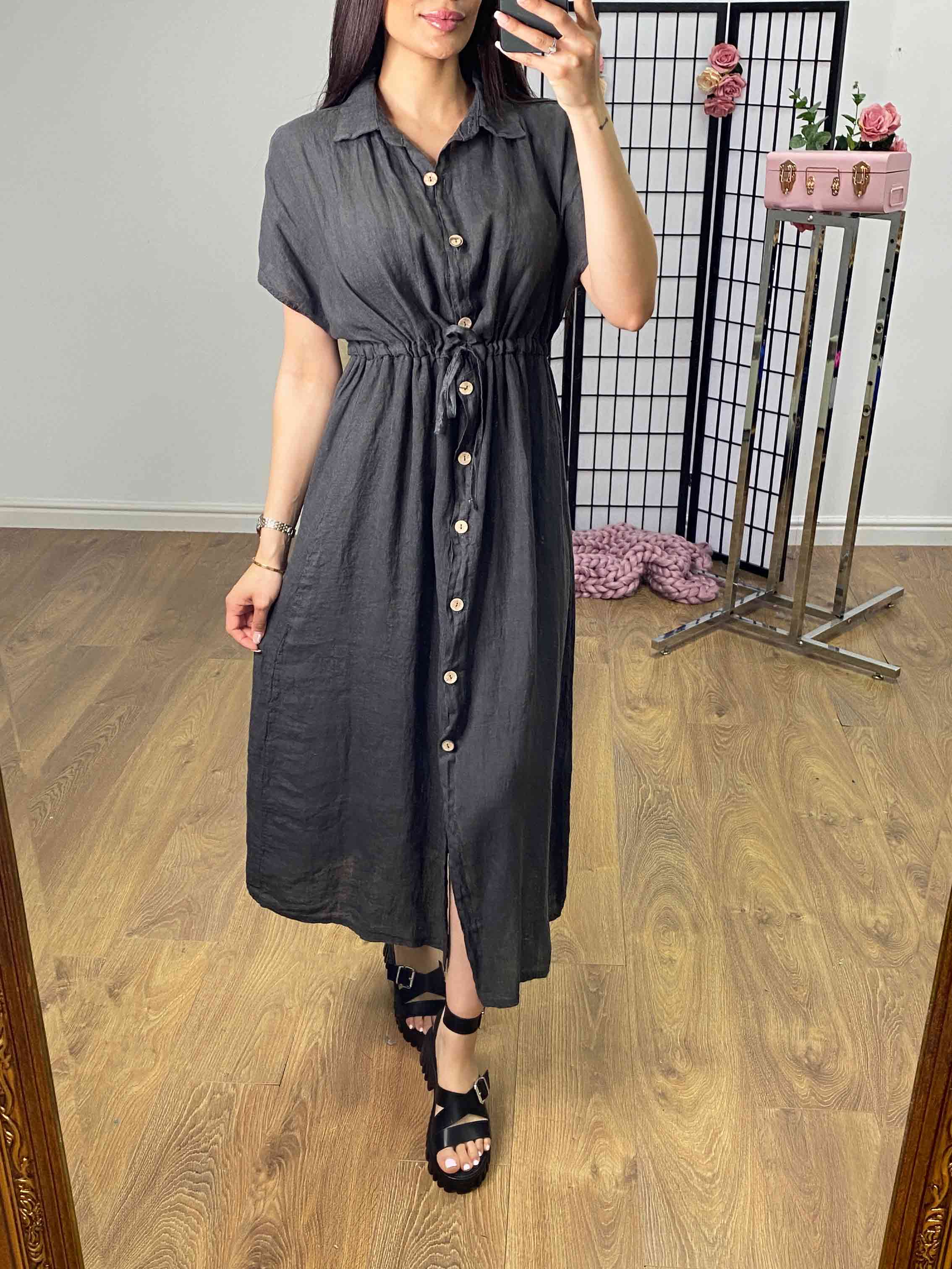 Cleris Plain Linen Button Front Dress