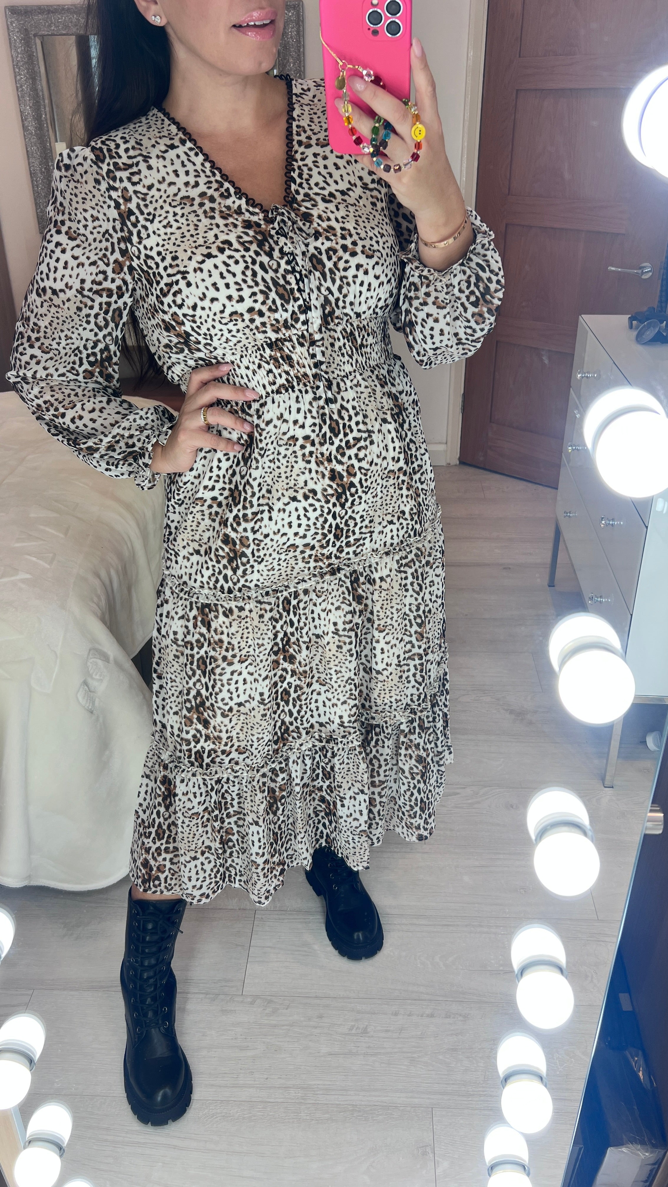 Lyrah Leopard Print Lace Front Tiered Hem Dress