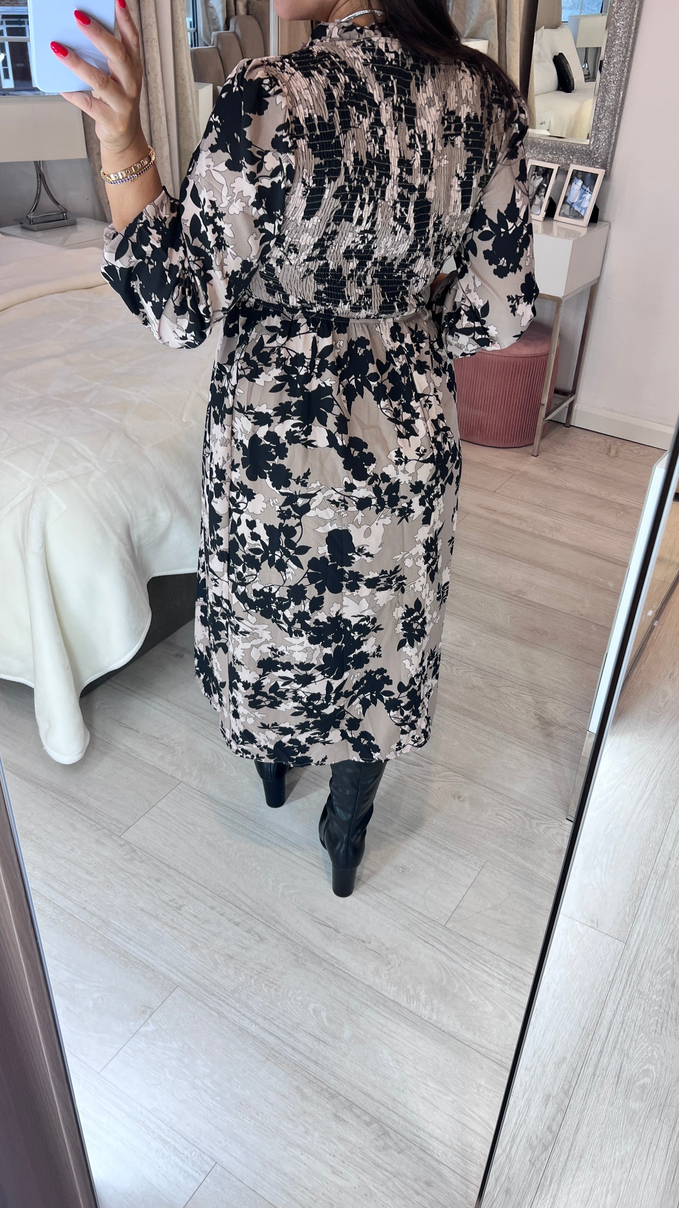 Kelis Taupe Leaf Print Shirred Dress