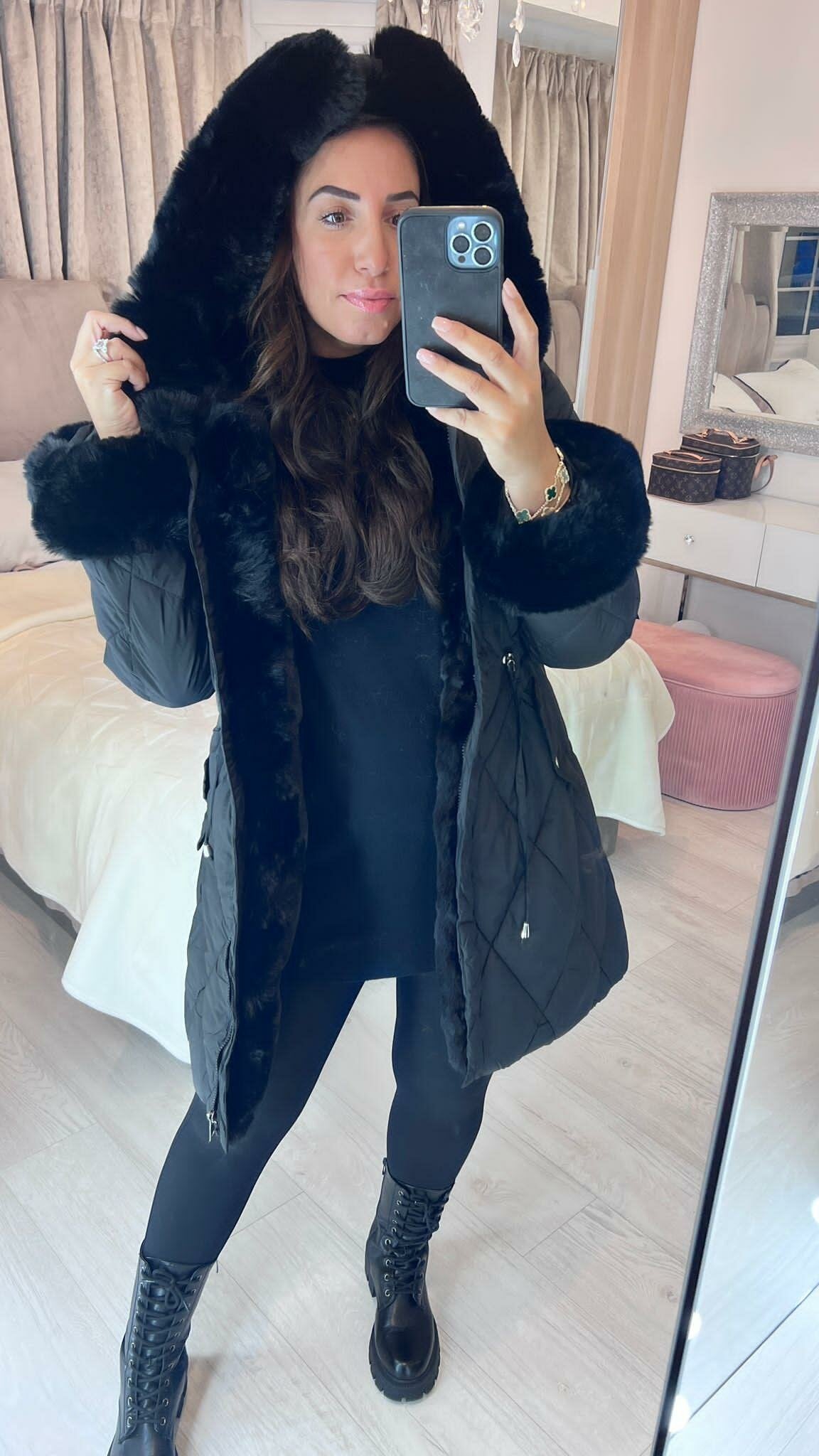 Alice Black Faux Fur Detail Quilted Coat