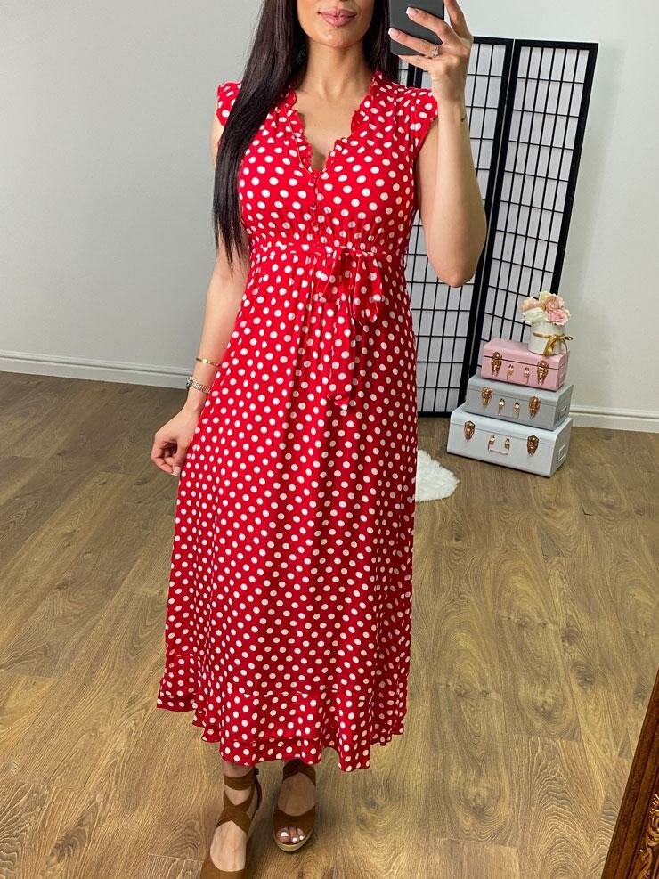Altonio Red Polka Dot Tie Waist Maxi Dress