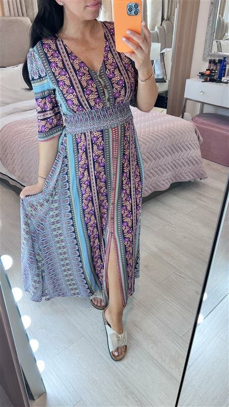 Anavrin Paisley Print Split Front Dress