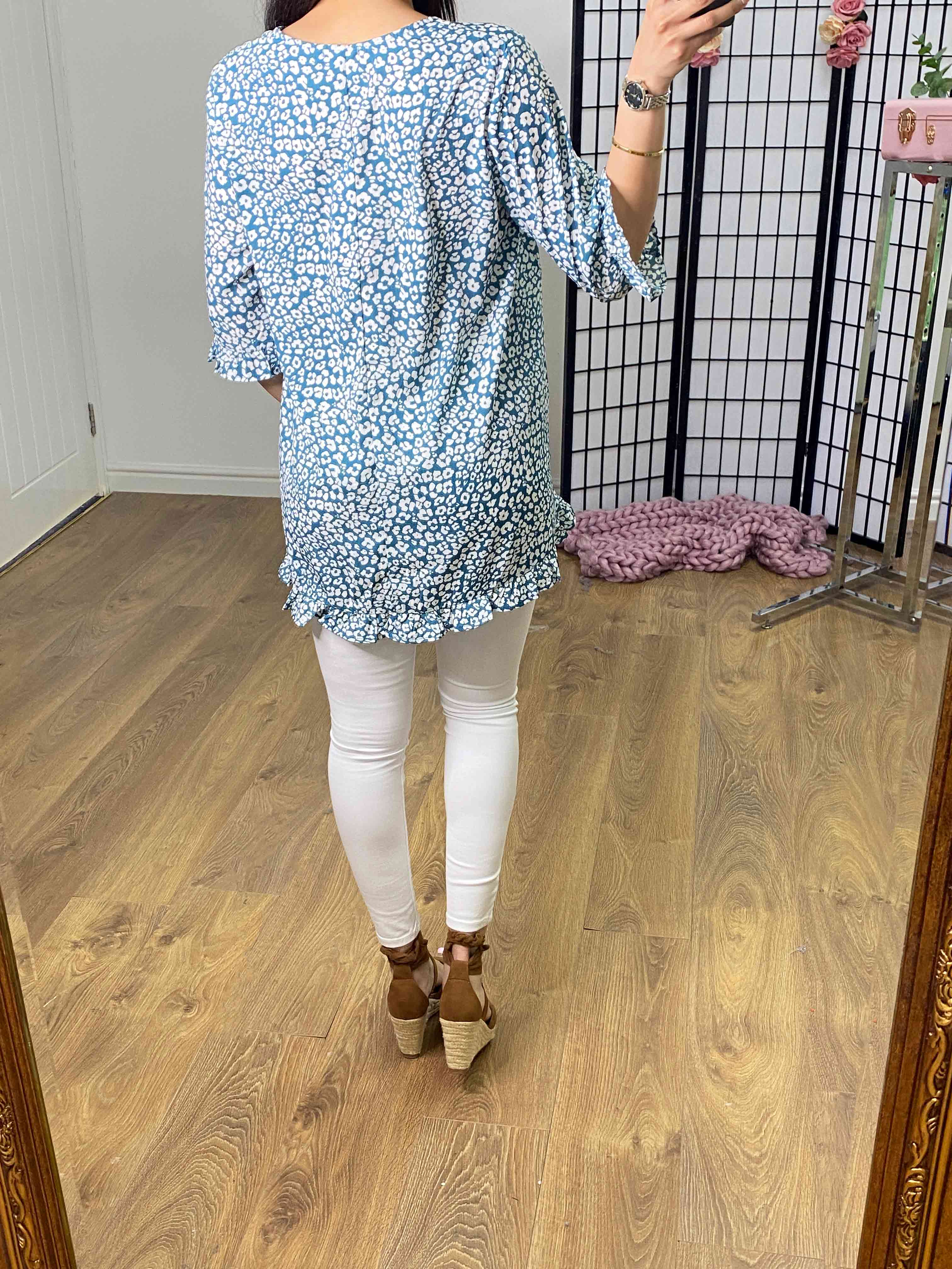 Aneeta Teal Cheetah Print Dip Hem Top