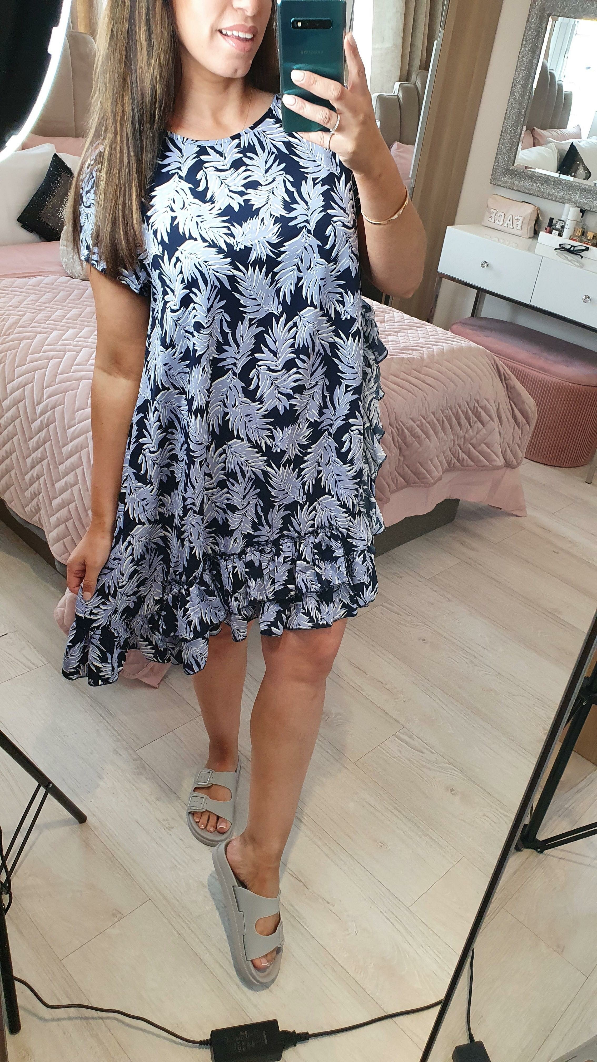 Arry Lilac Leaf Print Asymmetric Ruffle Dress