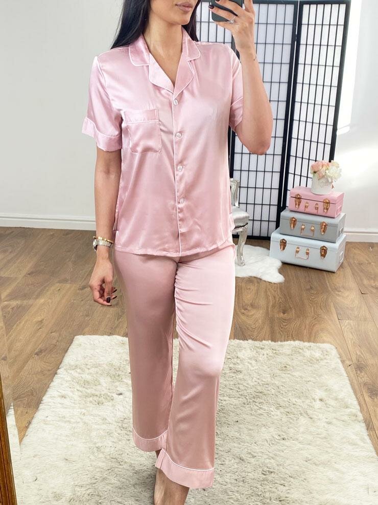 Aubrina Satin Piped Trim Short Sleeve Pyjama Set