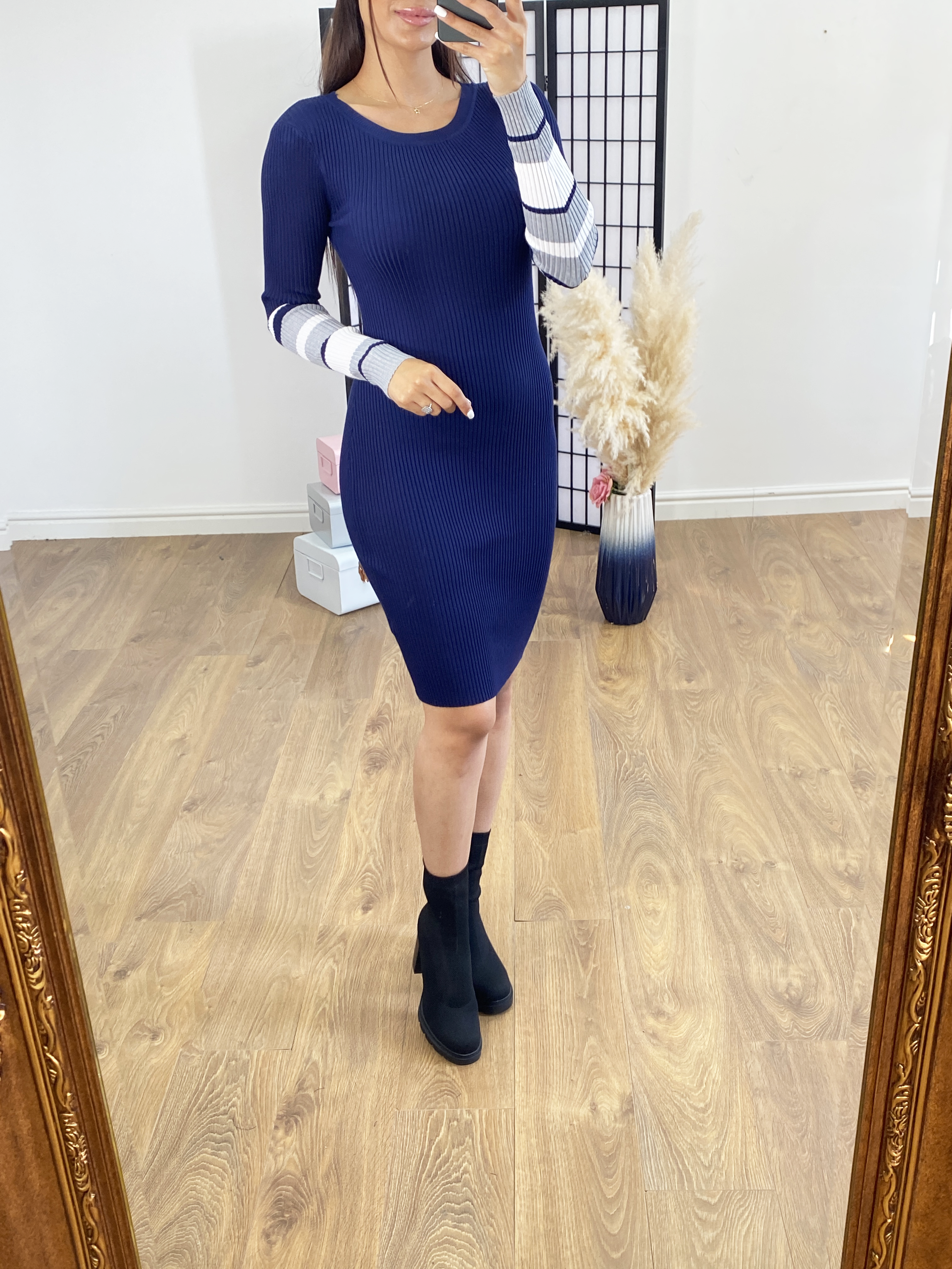 Autumn Navy Colour Block Ribbed Jumper Dress