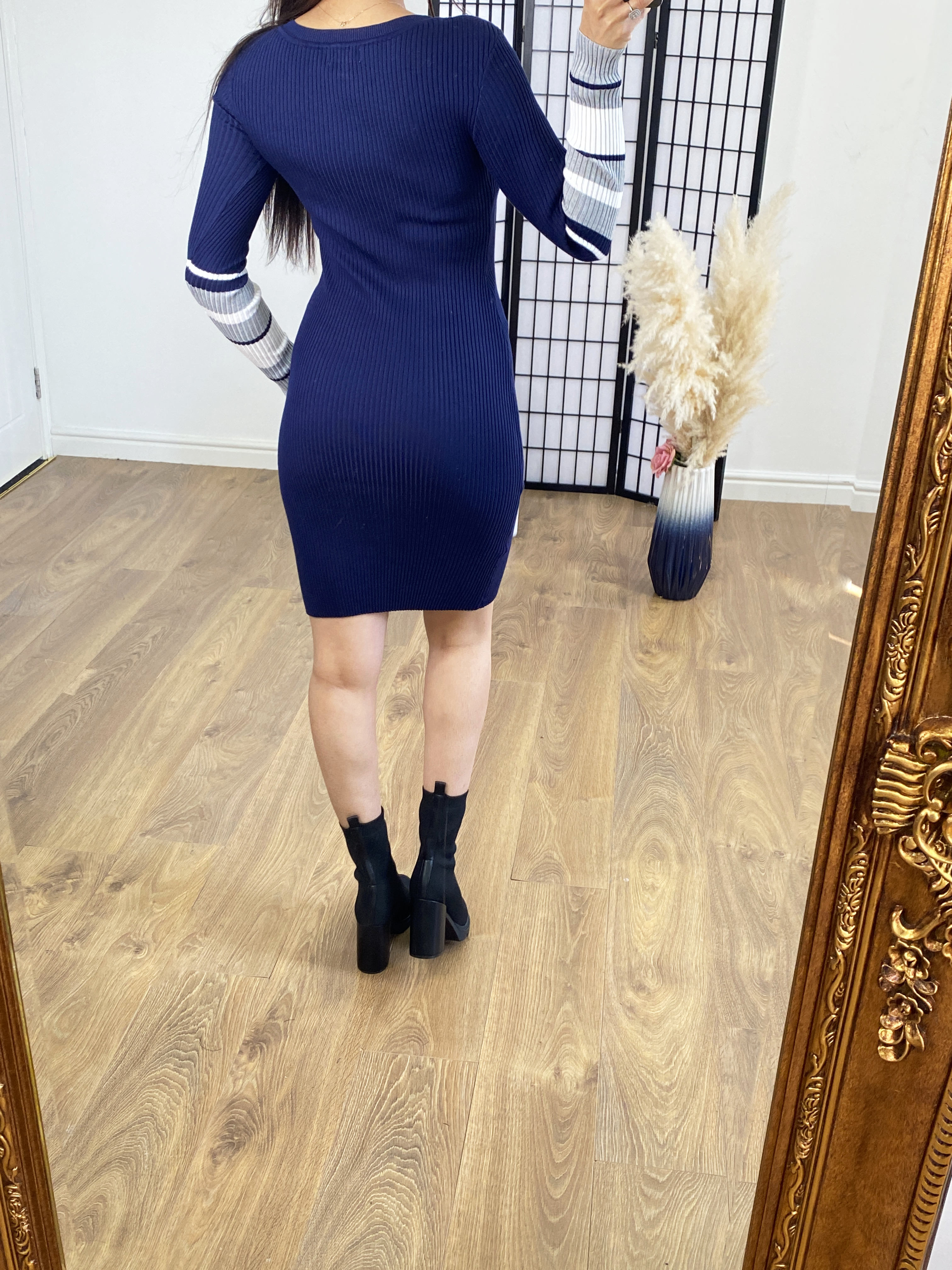 Autumn Navy Colour Block Ribbed Jumper Dress