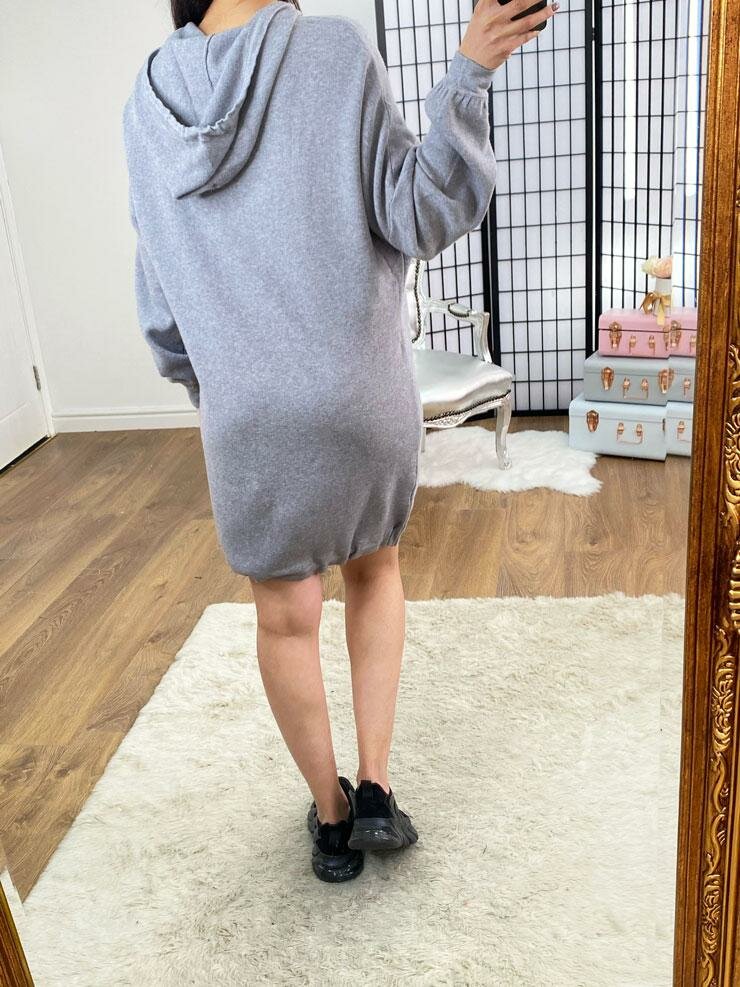Bexy Plain Pocket Loose Fit Knitted Hooded Jumper Dress